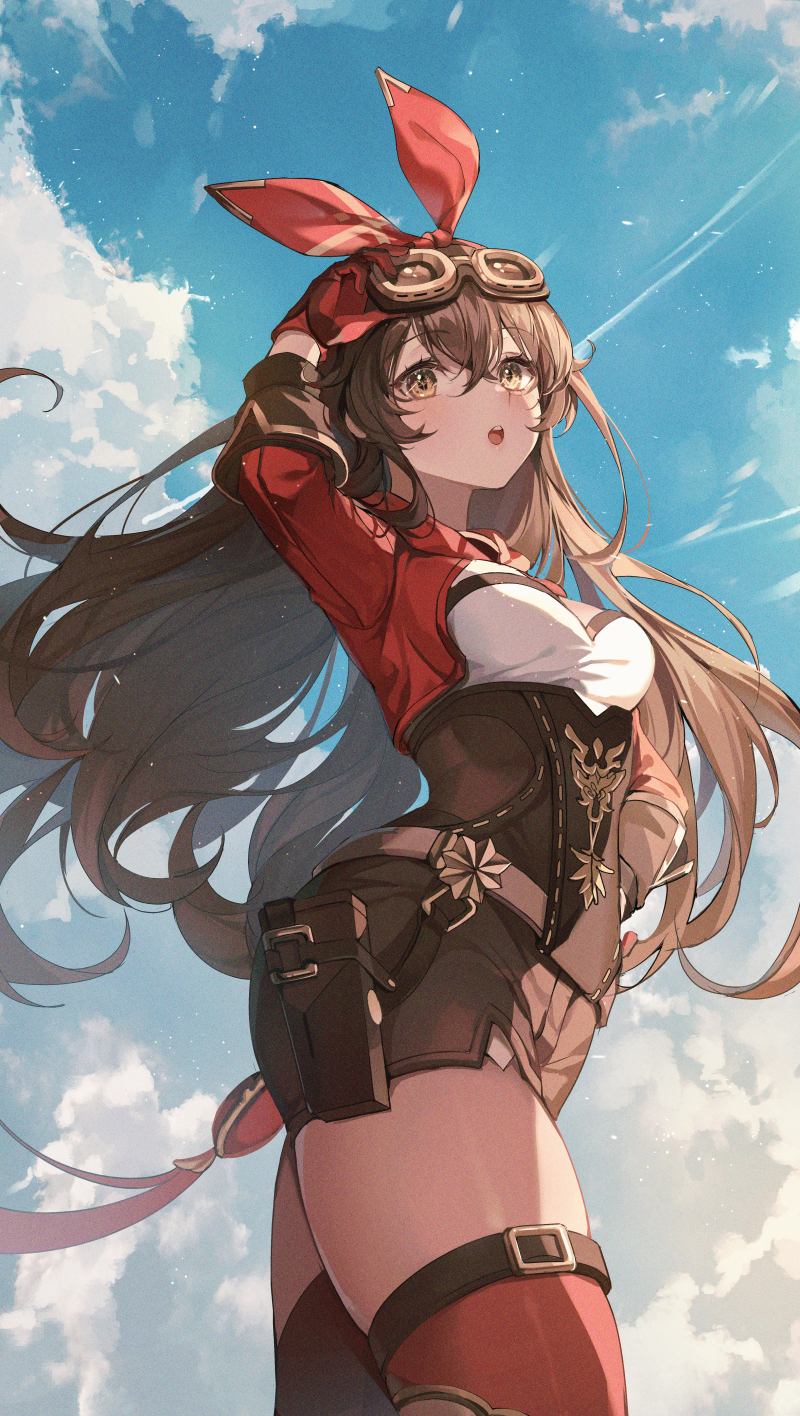 1girl amber_(genshin_impact) bangs blue_sky blush breasts brown_eyes brown_hair brown_shorts clouds cloudy_sky contrapposto cowboy_shot genshin_impact gloves goggles goggles_on_head hair_between_eyes hair_ribbon hand_on_headwear hand_on_hip highres holster long_hair long_sleeves looking_at_viewer medium_breasts open_mouth pouch red_ribbon ribbon short_shorts shorts shrug_(clothing) sky solo standing thigh-highs ttosom underbust wind