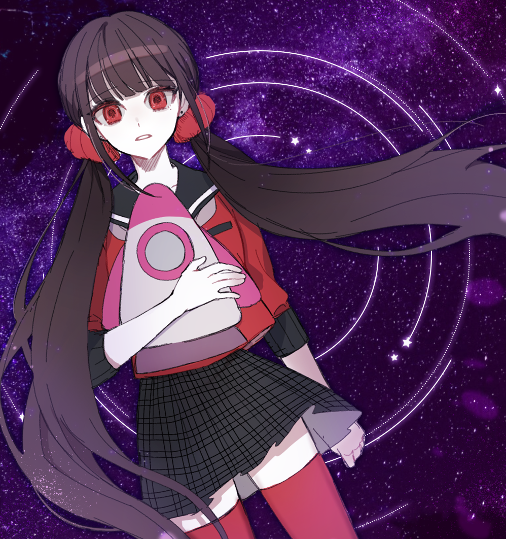 1girl arm_at_side bangs black_hair black_skirt dangan_ronpa_(series) dangan_ronpa_v3:_killing_harmony dutch_angle earrings eyebrows_visible_through_hair hair_ornament hair_scrunchie hand_up harukawa_maki holding jewelry long_hair looking_at_viewer low_twintails miniskirt mole mole_under_eye object_hug open_mouth parted_lips plaid plaid_skirt pleated_skirt raonal97 red_eyes red_legwear red_scrunchie school_uniform scrunchie serafuku shirt skirt sky solo star_(sky) starry_sky stuffed_toy symbol_commentary teeth thigh-highs twintails very_long_hair zettai_ryouiki