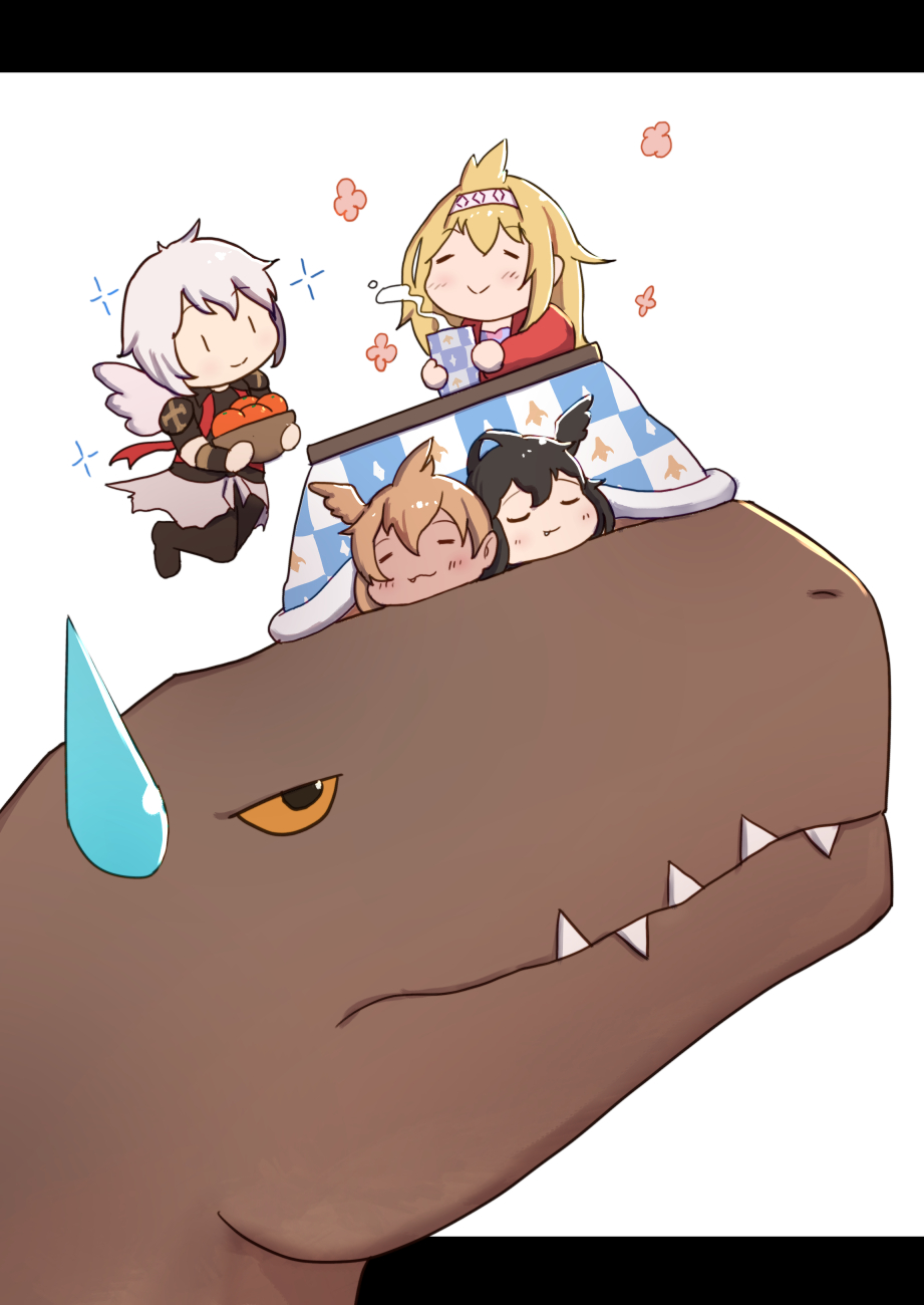 4girls :3 animal bangs black_hair black_legwear black_shirt blonde_hair blush brown_eyes brown_hair character_request closed_eyes closed_mouth commentary_request dark_skin dinosaur eyebrows_visible_through_hair fang fang_out flying granblue_fantasy grey_hair head_wings highres kotatsu letterboxed lying multiple_girls on_stomach pantyhose sharp_teeth shirt short_sleeves simple_background smile steam sweatdrop table teeth under_kotatsu under_table uneg white_background white_wings wings |_|