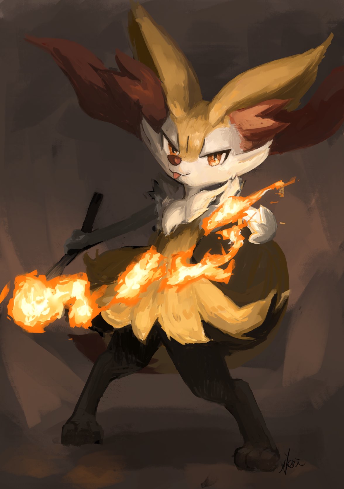 1girl :3 animal_ear_fluff animal_ears animal_nose artist_name black_fur body_fur braixen brown_background closed_mouth commentary_request fire flat_chest fox_ears fox_girl fox_tail full_body furry gen_6_pokemon hand_up happy highres holding holding_stick ikei legs_apart looking_at_viewer pokemon pokemon_(creature) red_eyes signature simple_background smile snout solo standing stick tail tongue tongue_out white_fur yellow_fur