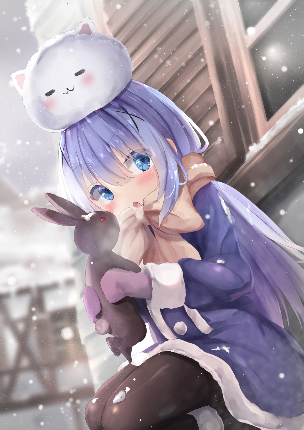 1girl :o angora_rabbit animal animal_on_head black_footwear black_legwear blue_coat blurry blurry_background blush boots breath brown_scarf building coat commentary_request day depth_of_field fur-trimmed_boots fur-trimmed_coat fur_trim gochuumon_wa_usagi_desu_ka? highres holding holding_animal kafuu_chino looking_at_viewer na!?_(naxtuyasai) on_head open_mouth outdoors pantyhose rabbit scarf sitting snow snowing squatting tippy_(gochiusa) window