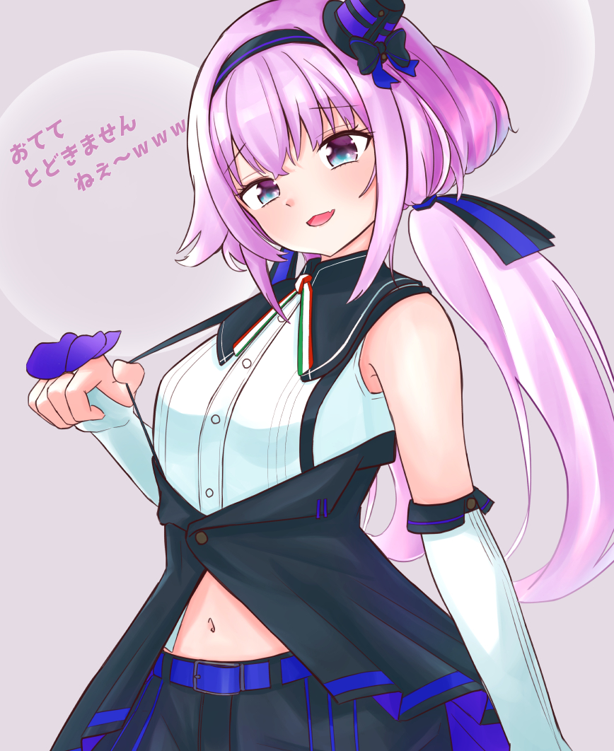 .live 1girl belt carro_pino commentary_request detached_sleeves hair_between_eyes headband looking_at_viewer navel open_mouth purple_hair shorts simple_background sleeveless solo translation_request user_wepv7587 violet_eyes virtual_youtuber