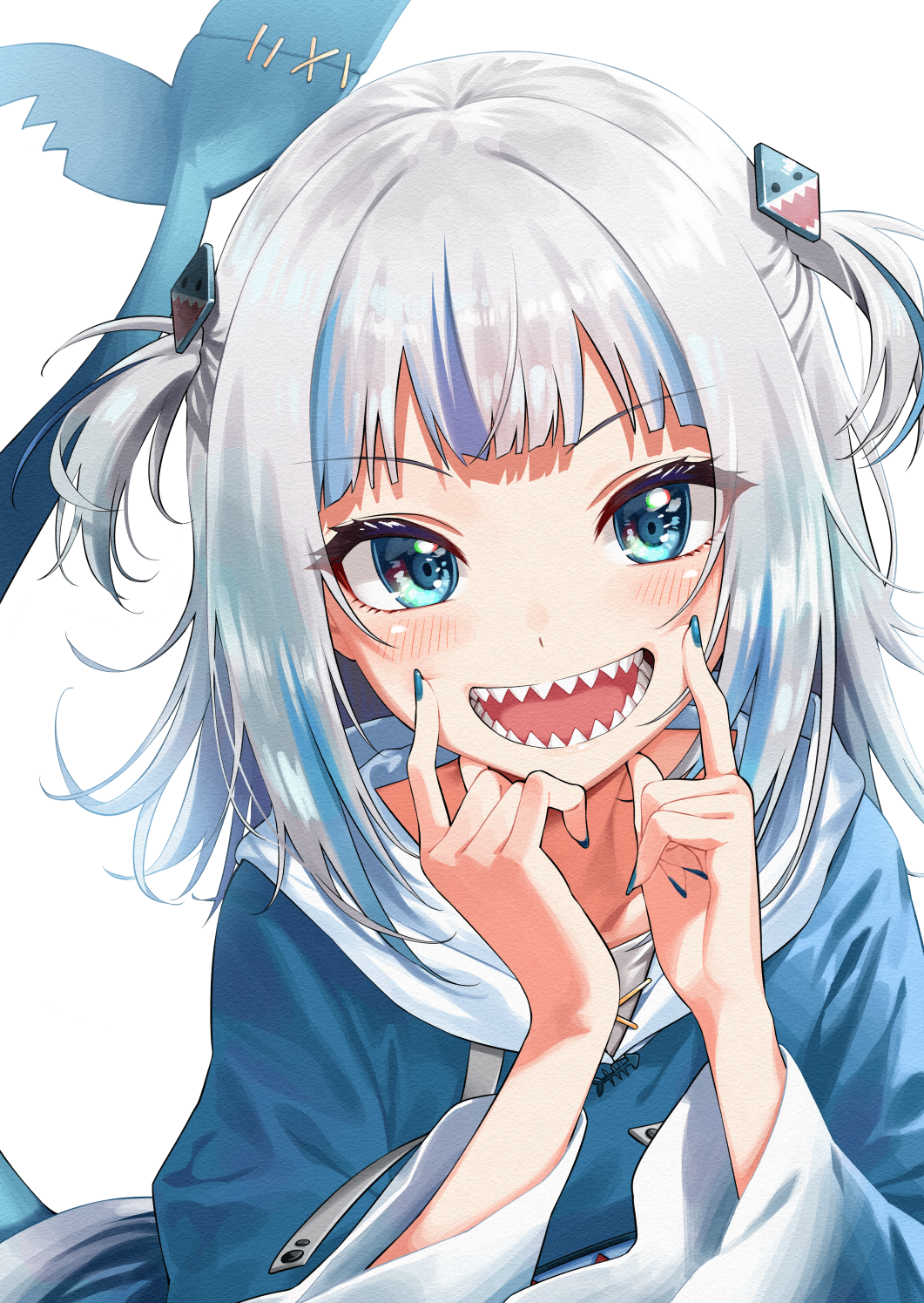 1girl :d bangs blue_eyes blue_hair blue_hoodie blue_nails blunt_bangs blush commentary_request eyebrows_visible_through_hair fingernails fingersmile fish_tail gawr_gura hair_ornament hand_up highres hololive hololive_english hood hood_down hoodie ice_reizou long_sleeves looking_at_viewer medium_hair multicolored_hair nail_polish open_mouth shark_hair_ornament shark_tail sharp_teeth shiny shiny_hair silver_hair simple_background smile solo streaked_hair tail tail_raised teeth two_side_up upper_body virtual_youtuber white_background wide_sleeves