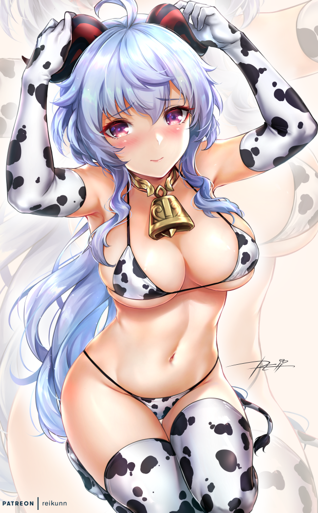 1girl ahoge animal_print arms_up bangs bare_shoulders bell black_bodysuit blue_hair blush bodysuit breasts closed_mouth cow_print cowbell elbow_gloves ganyu_(genshin_impact) genshin_impact gloves goat_horns horns large_breasts long_hair looking_at_viewer navel rei_kun sidelocks signature thigh-highs thighs violet_eyes white_gloves white_legwear