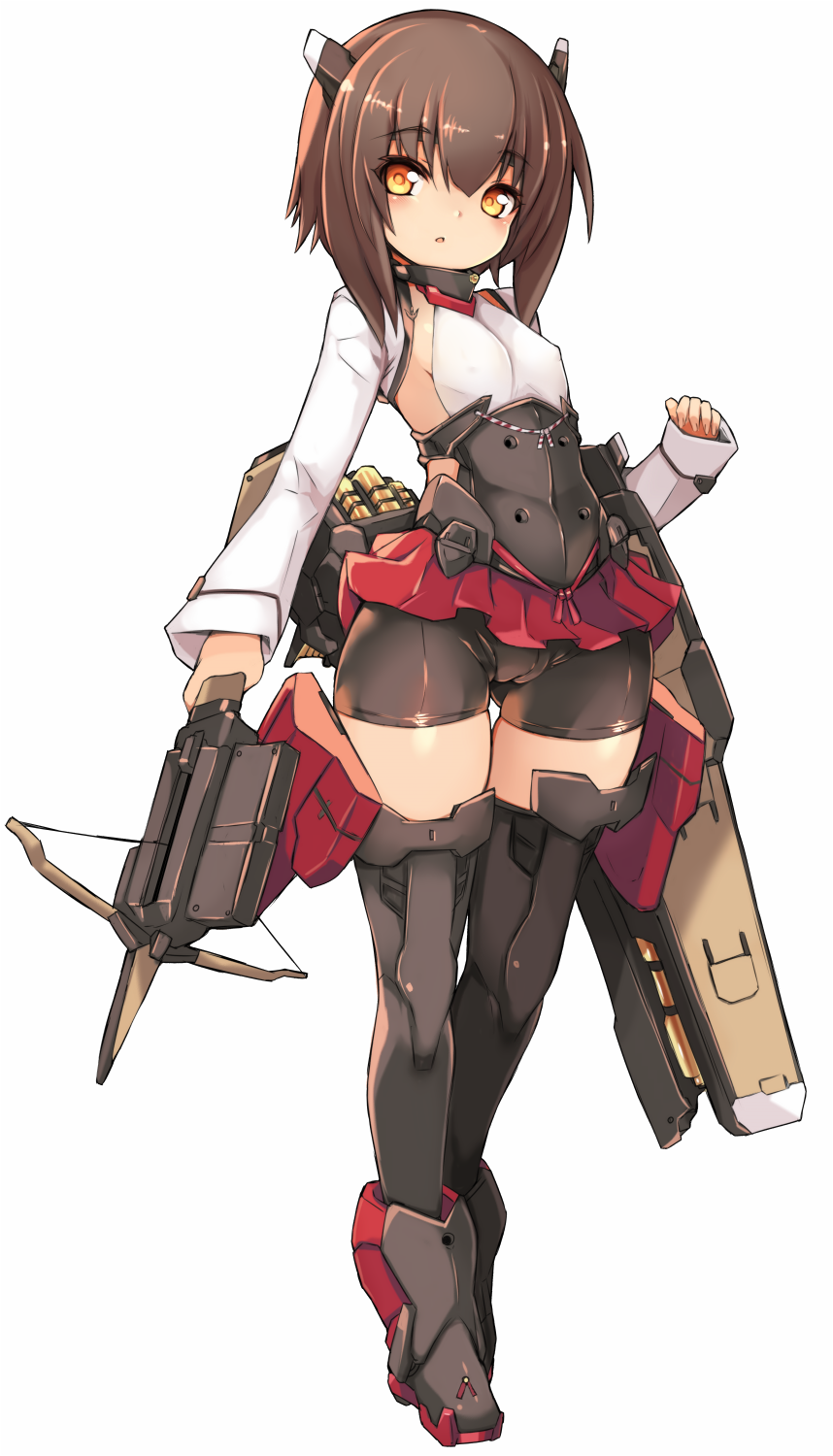 1girl bike_shorts blush boots bow_(weapon) brown_eyes brown_hair crossbow eyebrows_visible_through_hair flat_chest full_body headband headgear highres kantai_collection karukan_(monjya) long_sleeves looking_at_viewer machinery pleated_skirt short_hair simple_background skirt solo taihou_(kantai_collection) thigh-highs weapon white_background