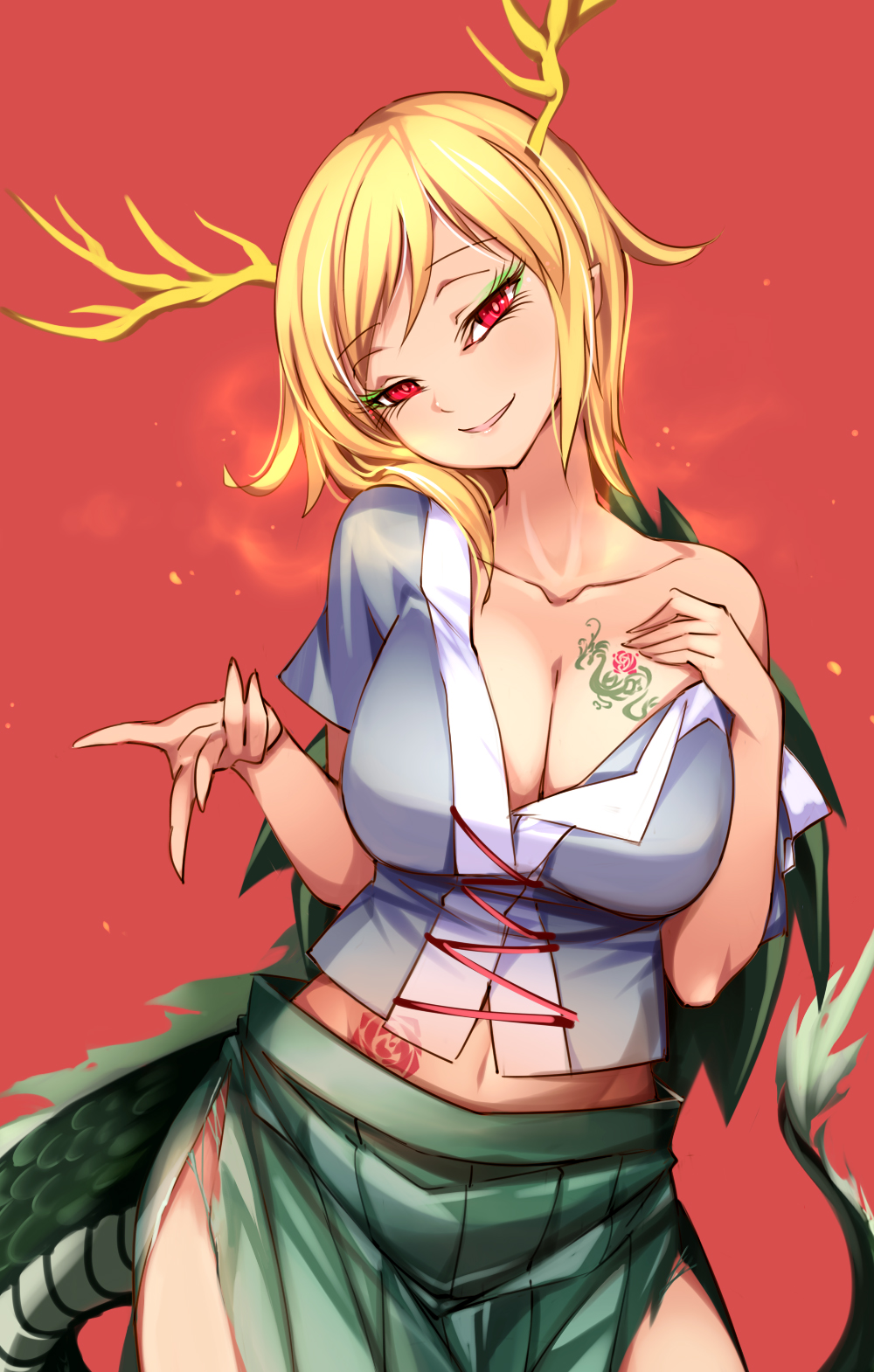 1girl beckoning blonde_hair breast_tattoo breath check_commentary collarbone come_hither commentary_request cowboy_shot dragon_girl dragon_horns dragon_tail eyebrows_visible_through_hair flower_tattoo highres horns kicchou_yachie looking_at_viewer medium_hair midriff navel off_shoulder pointy_ears raptor7 red_background shell short_hair simple_background skirt smile solo tail tattoo torn_clothes touhou