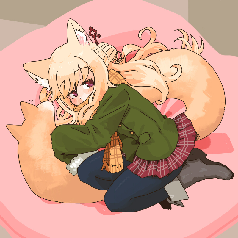 1girl animal_ear_fluff animal_ears bangs black_footwear black_legwear blonde_hair blush boots borrowed_character brown_scarf commentary_request covered_mouth eyebrows_visible_through_hair fox_ears fox_girl fox_tail fringe_trim full_body fur-trimmed_sleeves fur_trim green_jacket hair_bun hair_ornament hyon_(hyon_noyh) jacket kemomimi-chan_(naga_u) long_hair long_sleeves lying on_side original pantyhose pleated_skirt red_eyes red_skirt scarf skirt sleeves_past_fingers sleeves_past_wrists solo tail very_long_hair