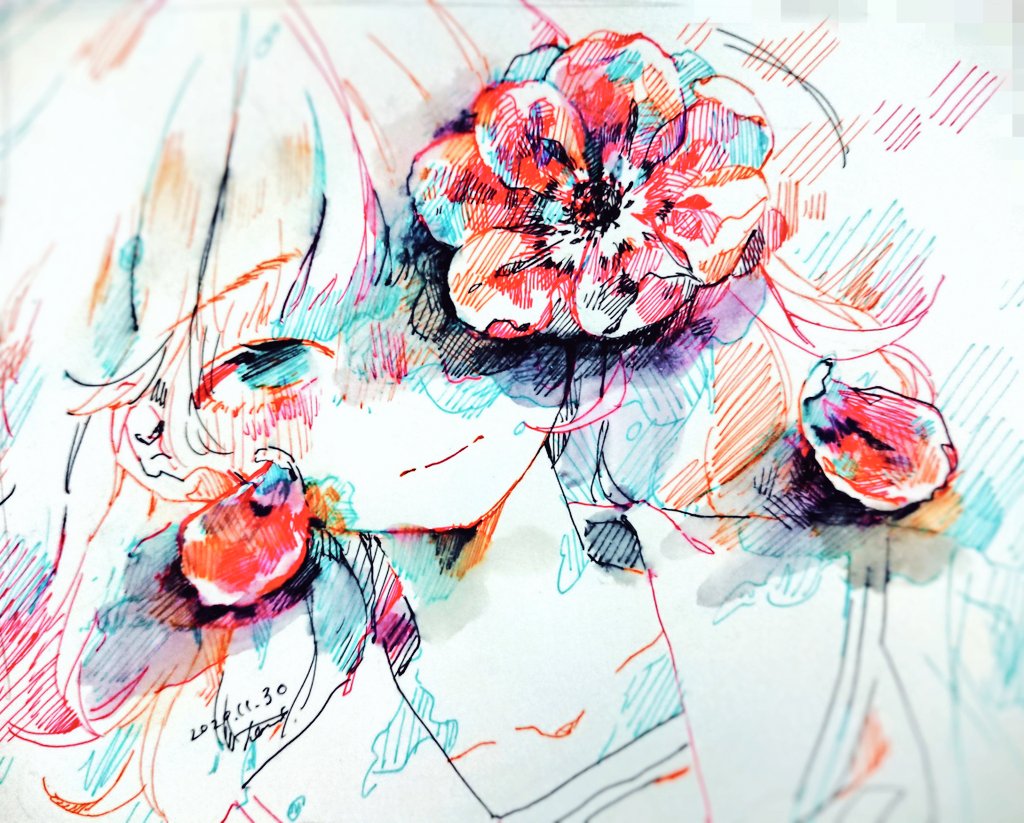 1girl anemone_(flower) aqua_eyes bangs colorful dated flower hatching_(texture) looking_at_viewer one_eye_covered original petals portrait red_flower sailor_collar signature solo tmari traditional_media