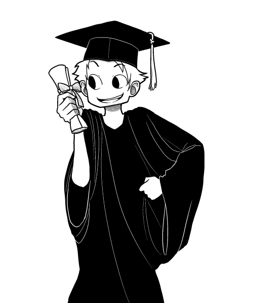 1boy artist_self-insert atokniiro bow clenched_hand couple diploma dress gown hand_on_hip hat looking_at_another male math monochrome mortarboard open_mouth original ribbon simple_background smile solo solo_focus tassel white_background