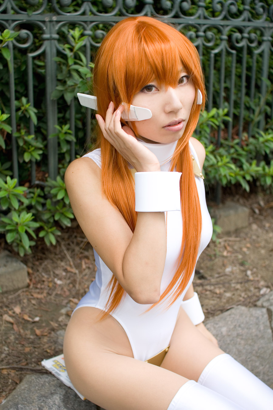 bodysuit cosplay hisame_chirumi lycra orange_hair photo serio spandex thigh-highs to_heart