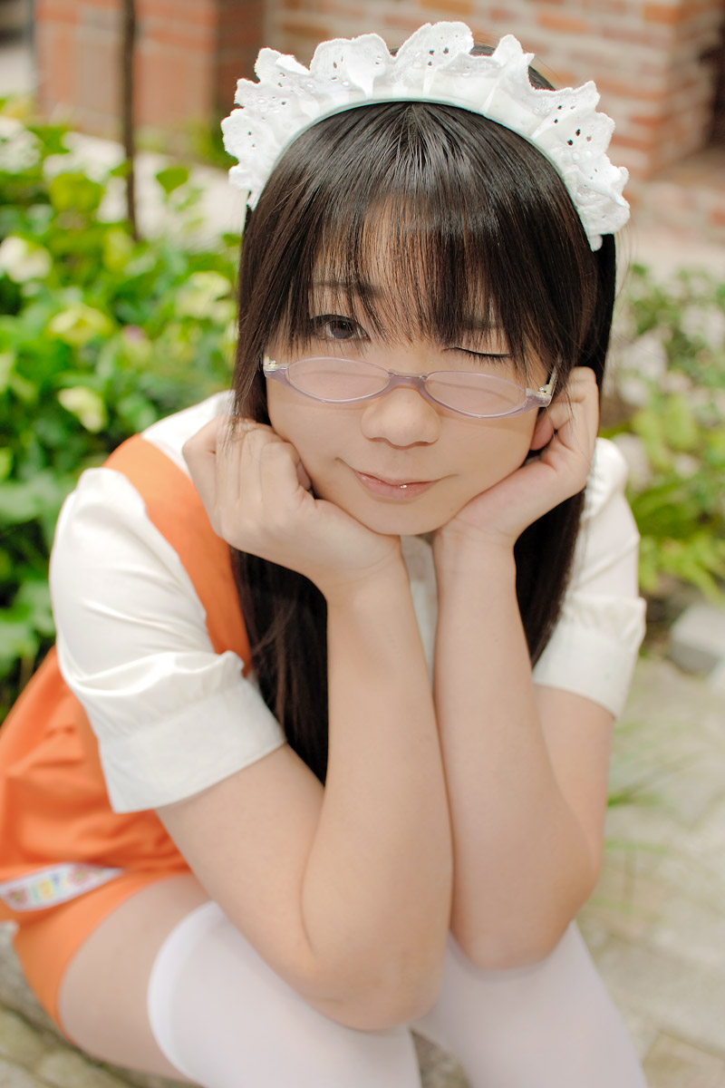anna_miller's apron asian chocoball cosplay glasses photo thighhighs waitress wink