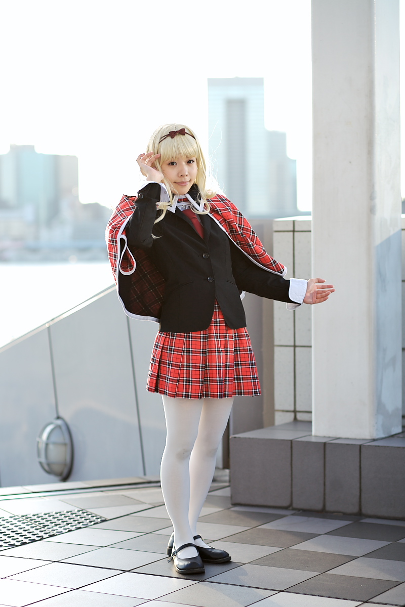 blazer blonde_hair cape cosplay hair_bow legs maritsuki_haru mary_janes mashiro_rima pantyhose photo pleated_skirt school_uniform shugo_chara! tartan tights white_pantyhose