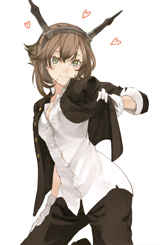1girl alternate_costume breasts brown_hair cleavage cosmic_(crownclowncosmic) gakuran gloves green_eyes hair_ornament headgear heart kantai_collection looking_at_viewer mutsu_(kantai_collection) personification revision school_uniform shirt short_hair simple_background smile solo white_background