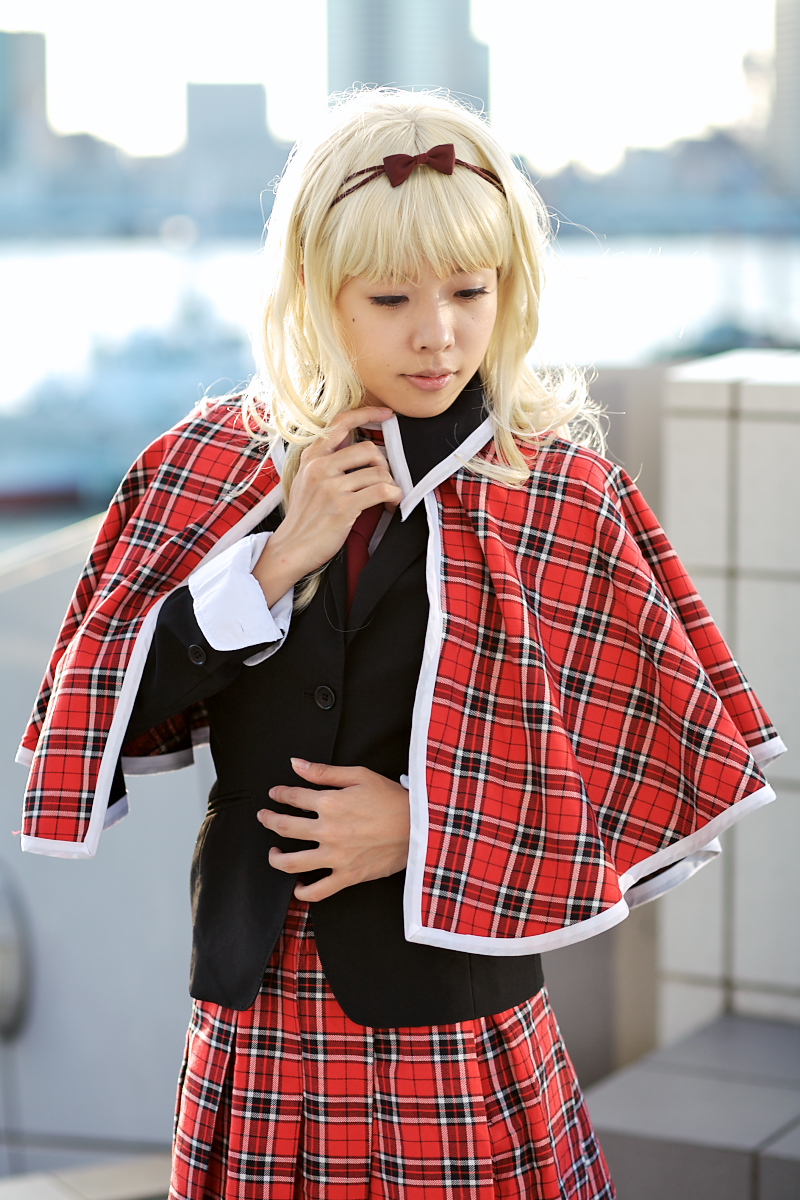 blazer blonde_hair cape cosplay hair_bow maritsuki_haru mashiro_rima pantyhose photo pleated_skirt school_uniform shugo_chara! tartan