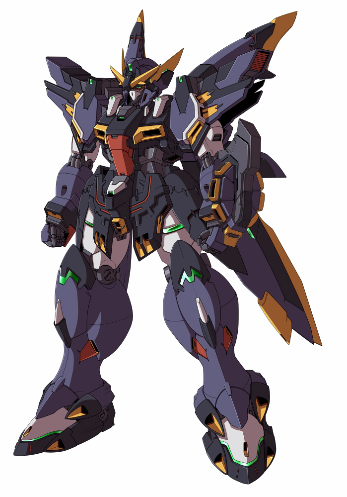 clenched_hands green_eyes looking_ahead mecha mechanical_wings n.jehuty no_humans science_fiction solo standing super_robot_wars super_robot_wars_original_generation v-fin white_background wildschwein wings