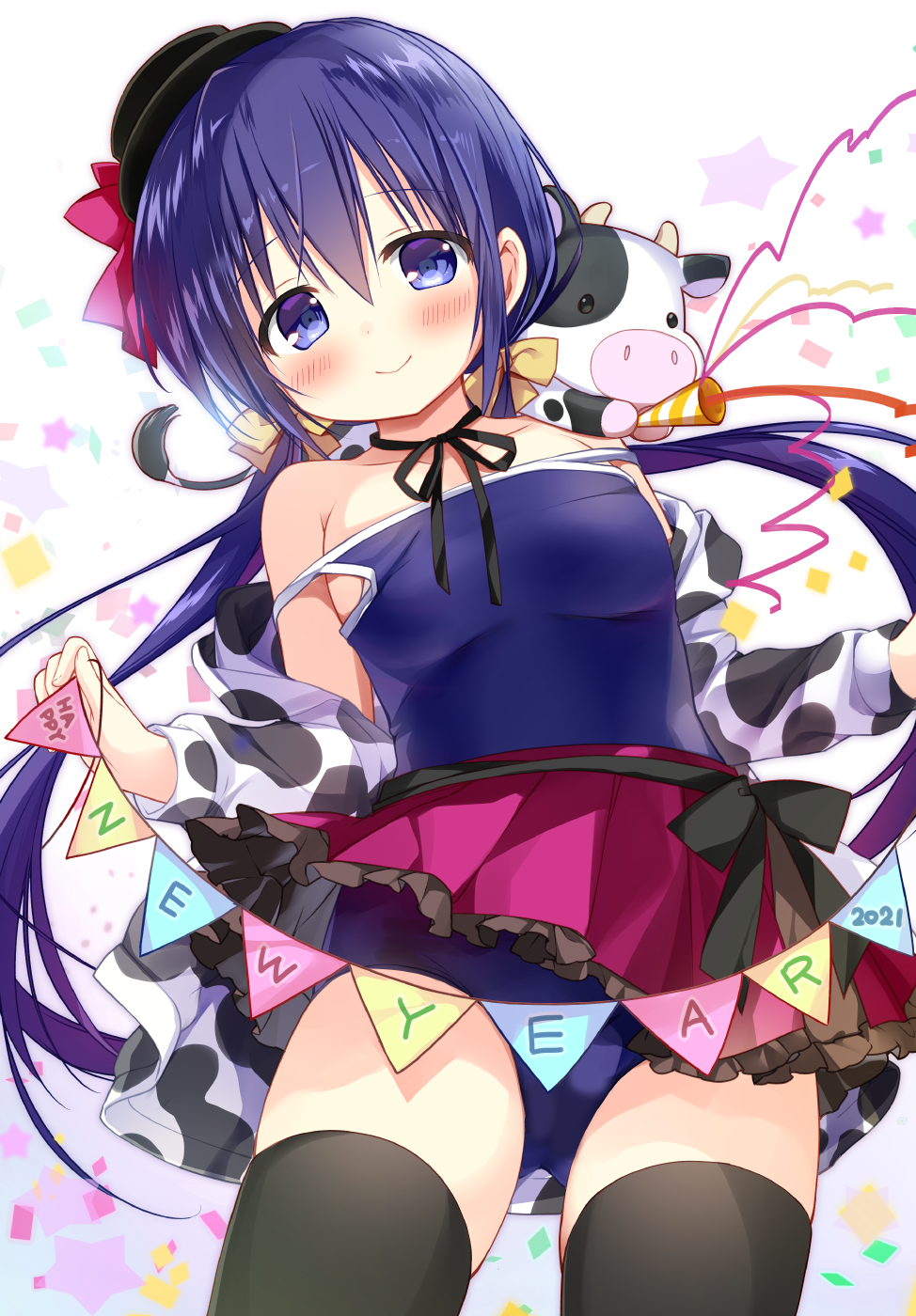 1girl animal_print ass_visible_through_thighs bare_shoulders black_headwear black_legwear blue_eyes blue_hair blue_swimsuit blush breasts chinese_zodiac closed_mouth collarbone commentary_request cow cow_print frilled_skirt frills happy_new_year hat highres holding long_hair long_sleeves low_twintails medium_breasts mini_hat nagayama_yuunon new_year off_shoulder one-piece_swimsuit open_clothes open_shirt original party_popper pennant pleated_skirt print_shirt purple_skirt school_swimsuit shirt simple_background skirt smile solo standing starry_background strap_slip streamers string_of_flags swimsuit thigh-highs twintails very_long_hair white_background white_shirt year_of_the_ox