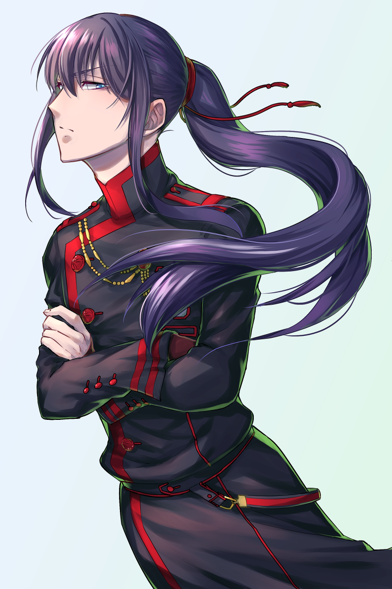 1boy black_coat black_order_uniform blue_eyes closed_mouth coat crossed_arms d.gray-man floating_hair green_background half-closed_eyes kanda_yuu long_hair long_sleeves looking_at_viewer male_focus ponytail purple_hair red_ribbon ribbon shiny shiny_hair simple_background solo soraao0322 standing very_long_hair