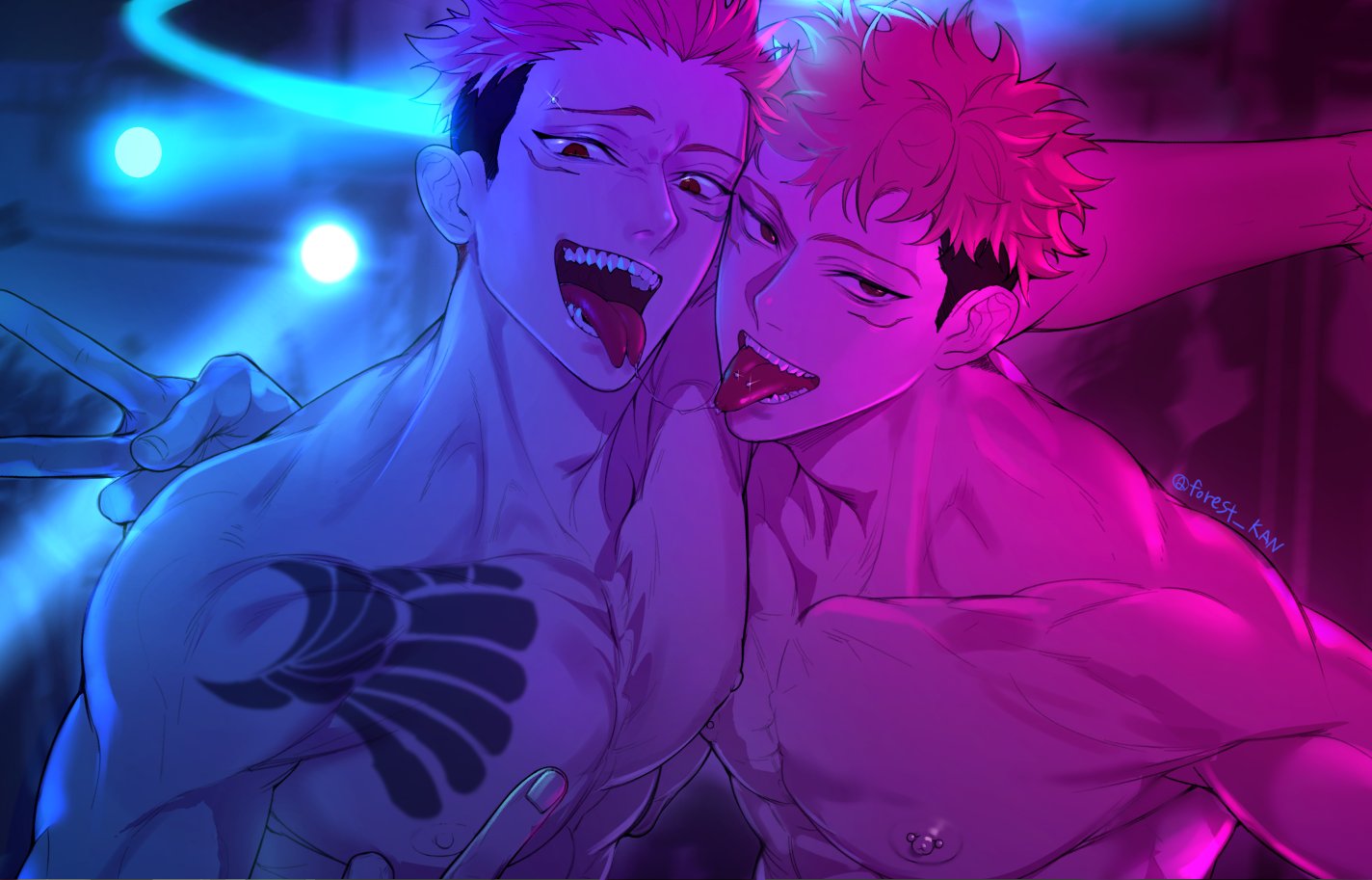 2boys abs black_hair clone completely_nude extra_tongue facial_mark itadori_yuuji jujutsu_kaisen kan_(forest_kan) male_focus multiple_boys nipple_piercing nipples nude open_mouth pectorals piercing pink_hair red_eyes ryoumen_sukuna_(jujutsu_kaisen) short_hair spiky_hair spirit toned toned_male tongue_piercing undercut upper_body v