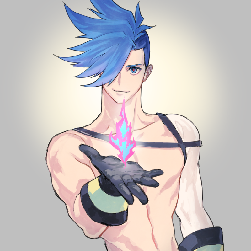 1boy bare_shoulders black_gloves blue_eyes blue_hair closed_mouth collarbone fire flame galo_thymos gloves hair_over_one_eye imanatsu male_focus muscular promare smile solo spiky_hair upper_body