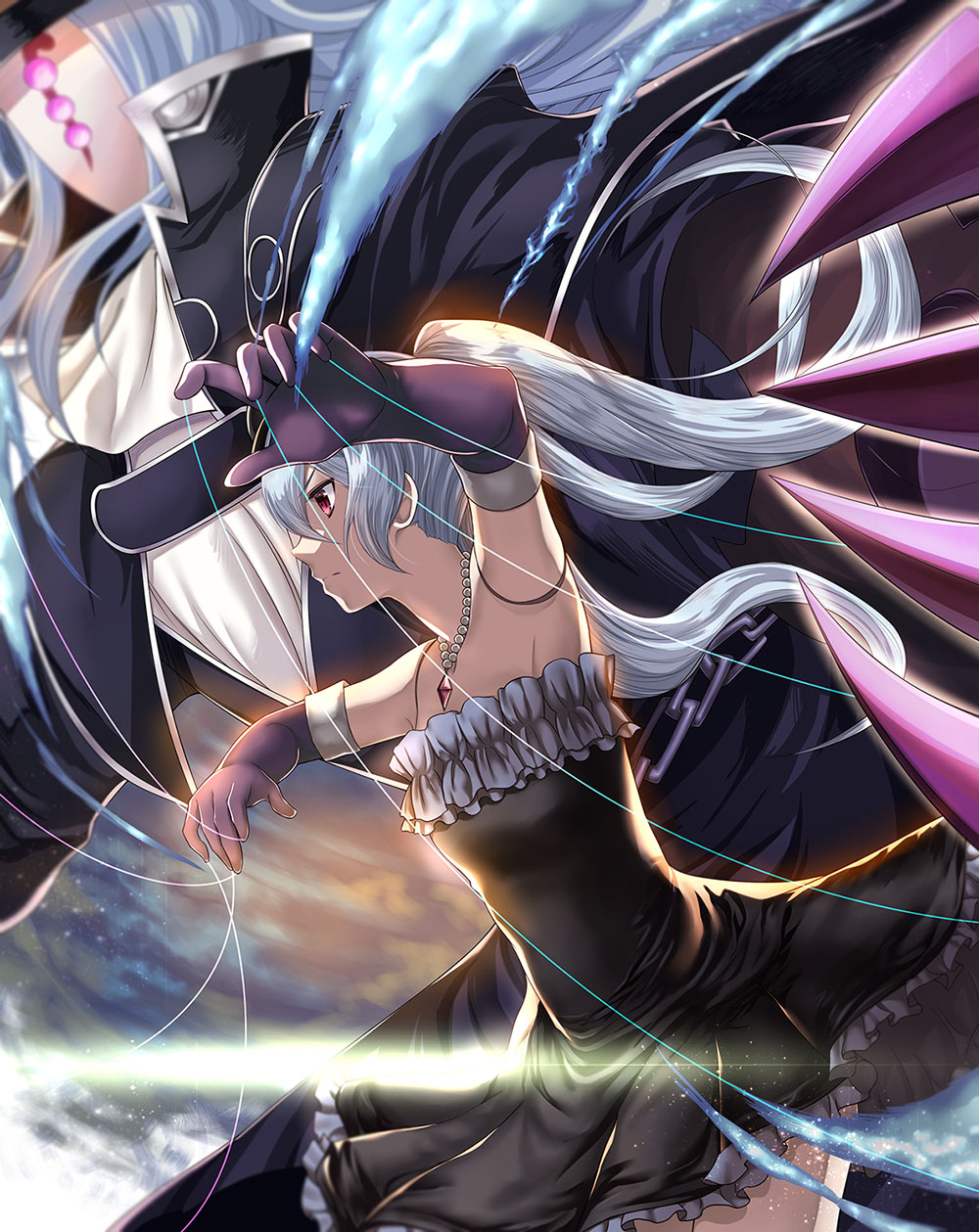 1boy 1girl armor armpits bare_shoulders black_dress black_headwear blue_hair clawed_gauntlets dress eko elbow_gloves frilled_dress frills gauntlets gloves granblue_fantasy hat highres jewelry lloyd_(granblue_fantasy) long_hair mask necklace orchis pink_eyes puppet puppet_strings purple_gloves string twintails violet_eyes white_hair