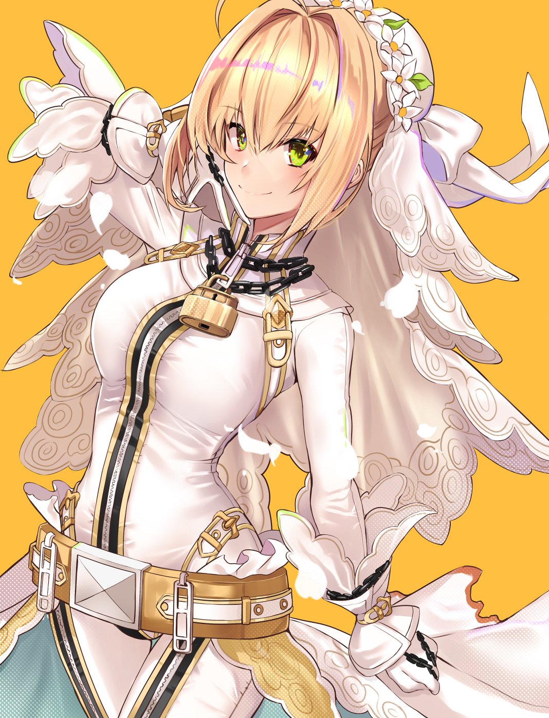 1girl ahoge bangs belt blonde_hair blush bodysuit braid breasts bridal_veil chain fate/extra fate/extra_ccc fate_(series) french_braid full-length_zipper green_eyes hair_between_eyes hair_bun hair_intakes head_wreath highres large_breasts lock long_hair long_sleeves looking_at_viewer nero_claudius_(bride)_(fate) nero_claudius_(fate)_(all) padlock smile untue veil white_bodysuit yellow_background zipper