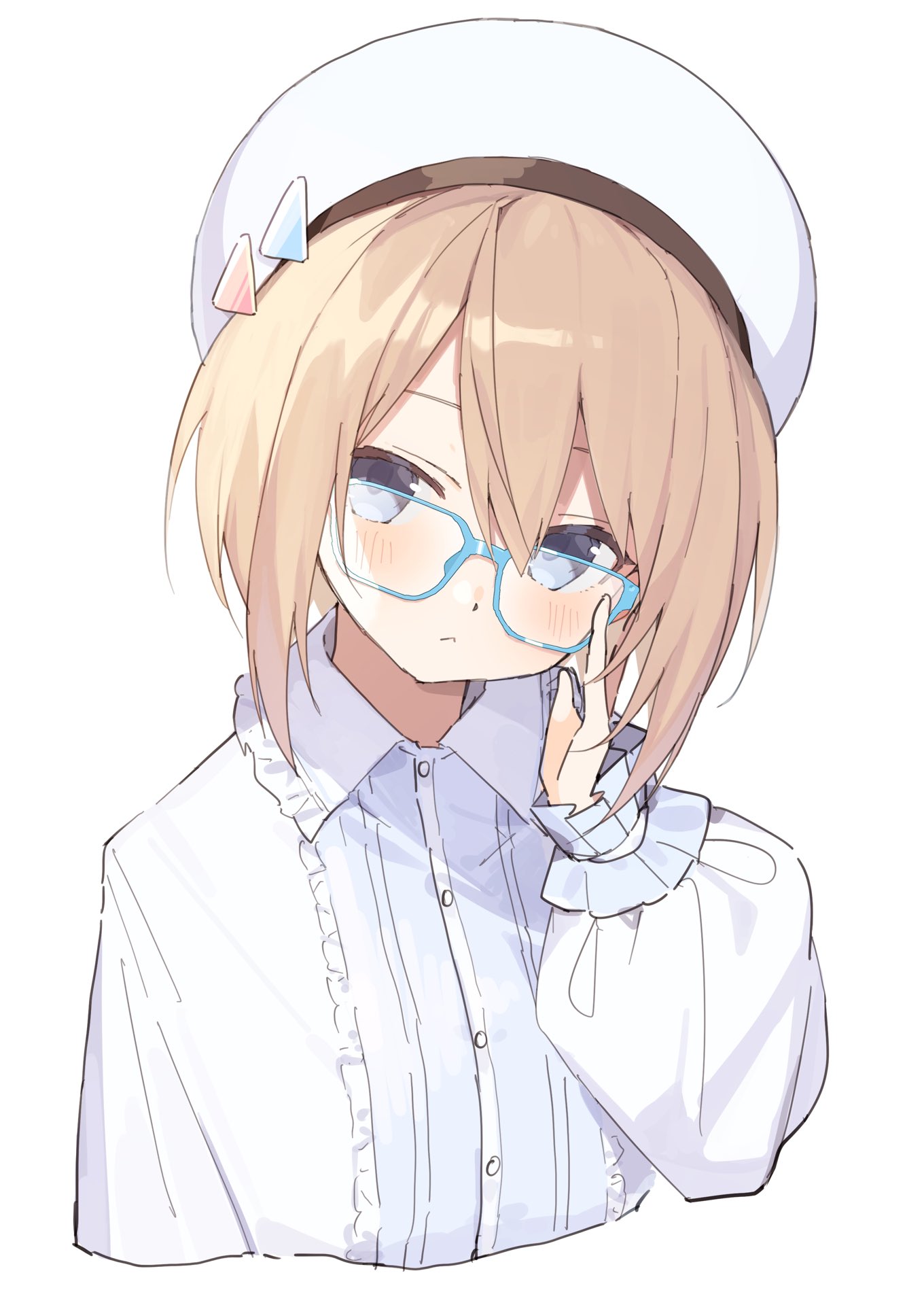 1girl alternate_costume blanc blue_eyes brown_hair buran_buta glasses hair_between_eyes hand_on_own_head hat highres looking_at_viewer neptune_(series) short_hair simple_background solo upper_body white_background white_headwear