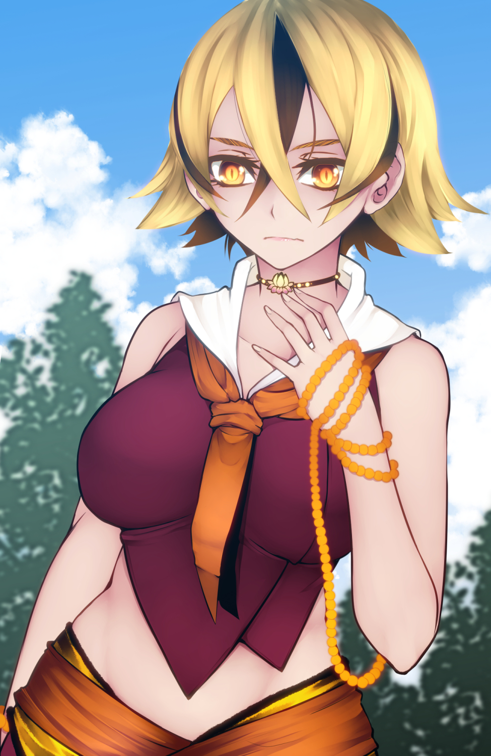 1girl aoshima ascot bare_shoulders beads black_hair blonde_hair breasts clouds commentary_request eyebrows hand_on_own_chest highres jewelry lips medium_breasts midriff multicolored_hair necklace outdoors red_shirt shirt short_hair solo toramaru_shou touhou tree two-tone_hair upper_body yellow_eyes