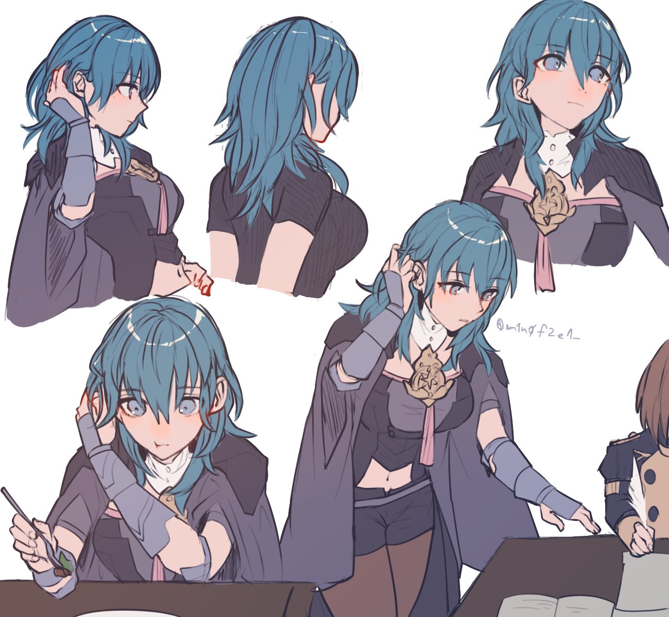 1girl black_shorts blue_eyes blue_hair book byleth_(fire_emblem) byleth_eisner_(female) closed_mouth clothing_cutout eating fire_emblem fire_emblem:_three_houses fork from_side garreg_mach_monastery_uniform highres holding holding_fork m1n0f2e1 multiple_views navel_cutout open_book shorts simple_background twitter_username uniform upper_body white_background