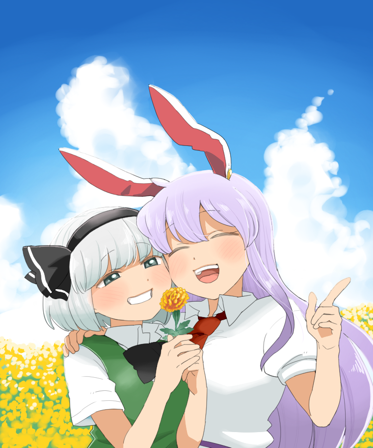 2girls ^_^ ^o^ animal_ears arm_around_shoulder bangs black_hairband black_neckwear black_ribbon blue_sky blunt_bangs blush bow bowtie cheek-to-cheek closed_eyes clouds cloudy_sky collared_shirt commentary_request day eyebrows_visible_through_hair field finger_gun flower flower_field green_vest grey_eyes grin hair_ribbon hairband hand_on_another's_shoulder holding holding_flower konpaku_youmu koyama_shigeru long_hair looking_at_another multiple_girls necktie open_mouth outdoors puffy_short_sleeves puffy_sleeves purple_hair rabbit_ears red_neckwear reisen_udongein_inaba ribbon shirt short_hair short_sleeves side-by-side silver_hair sky smile teeth touhou upper_teeth vest white_shirt yellow_flower yuri