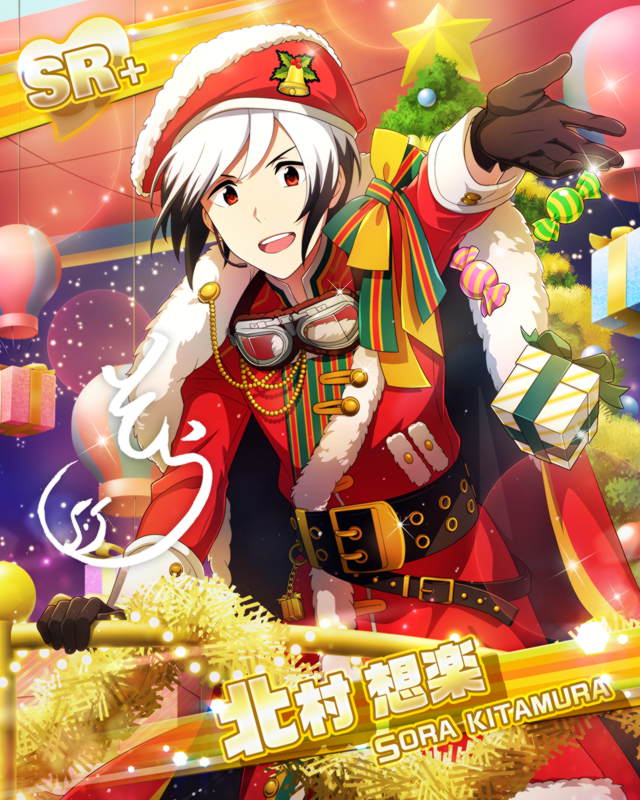 cape character_name christmas dress idolmaster idolmaster_side-m jacket kitamura_sora red_eyes short_hair smile white_hair wink