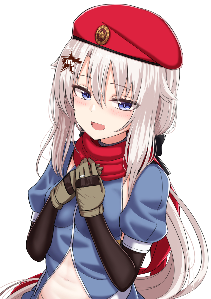 1girl 9a-91_(girls_frontline) bangs beret blue_eyes blush breasts detached_sleeves eyebrows_visible_through_hair girls_frontline gloves hair_between_eyes hair_ornament hands_on_own_chest hands_together hat highres jewelry long_hair long_sleeves looking_at_viewer midriff navel open_mouth panty_straps red_headwear red_scarf ring scarf sidelocks simple_background smile solo star_(symbol) star_hair_ornament very_long_hair wedding_band white_background white_hair yakob_labo