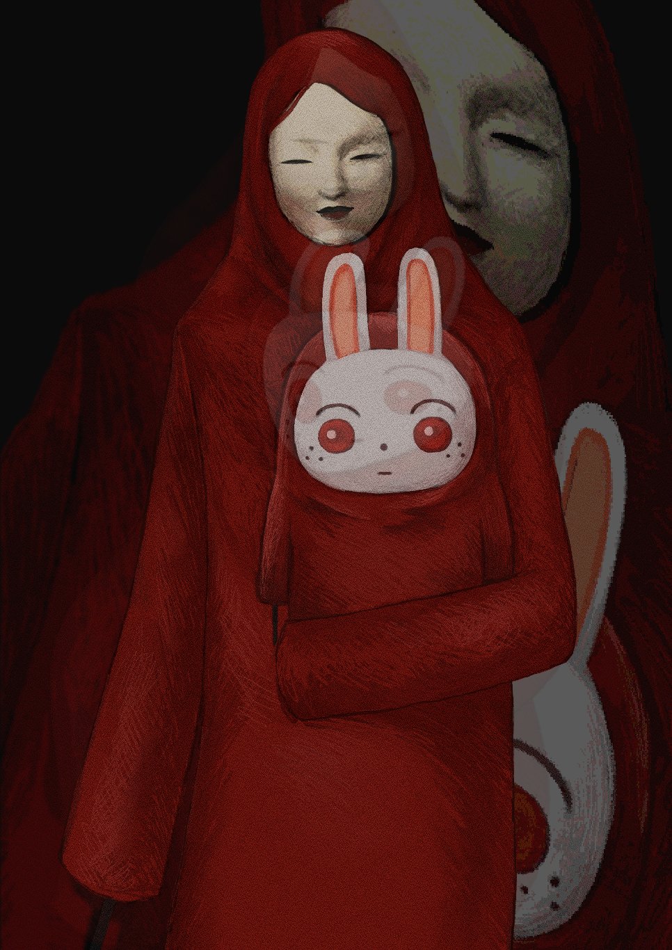aka_manto alternate_costume animal_crossing black_background commentary expressionless freckles highres hitachi_catherine hood hood_up horror_(theme) long_sleeves looking_at_viewer original red_eyes red_lips red_robe ruby_(animal_crossing) simple_background surreal tagme urban_legend