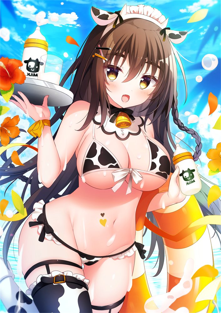 1girl animal_ears animal_print bell bikini blue_sky breasts brown_hair cow_ears cow_print cowbell day fang heart heart_tattoo innertube large_breasts long_hair looking_at_viewer milk navel ocean original print_legwear shiromochi_sakura sky solo swimsuit tattoo thigh-highs very_long_hair water yellow_eyes