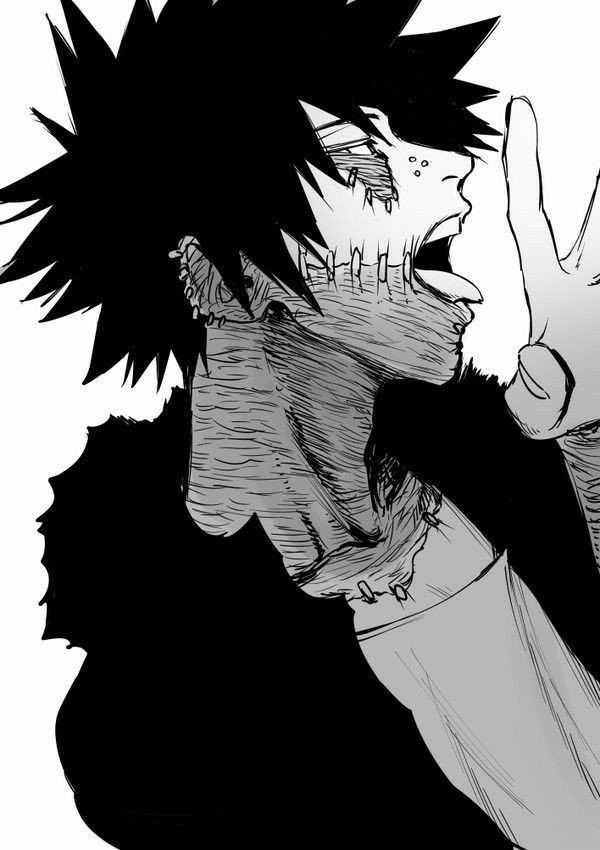 1boy bangs black_hair boku_no_hero_academia burn_scar dabi_(boku_no_hero_academia) from_side greyscale looking_at_viewer male_focus messy_hair monochrome open_mouth piercing scar shirt short_sleeves simple_background solo spiky_hair staple stitches upper_body white_background yuu_yuugekisyu