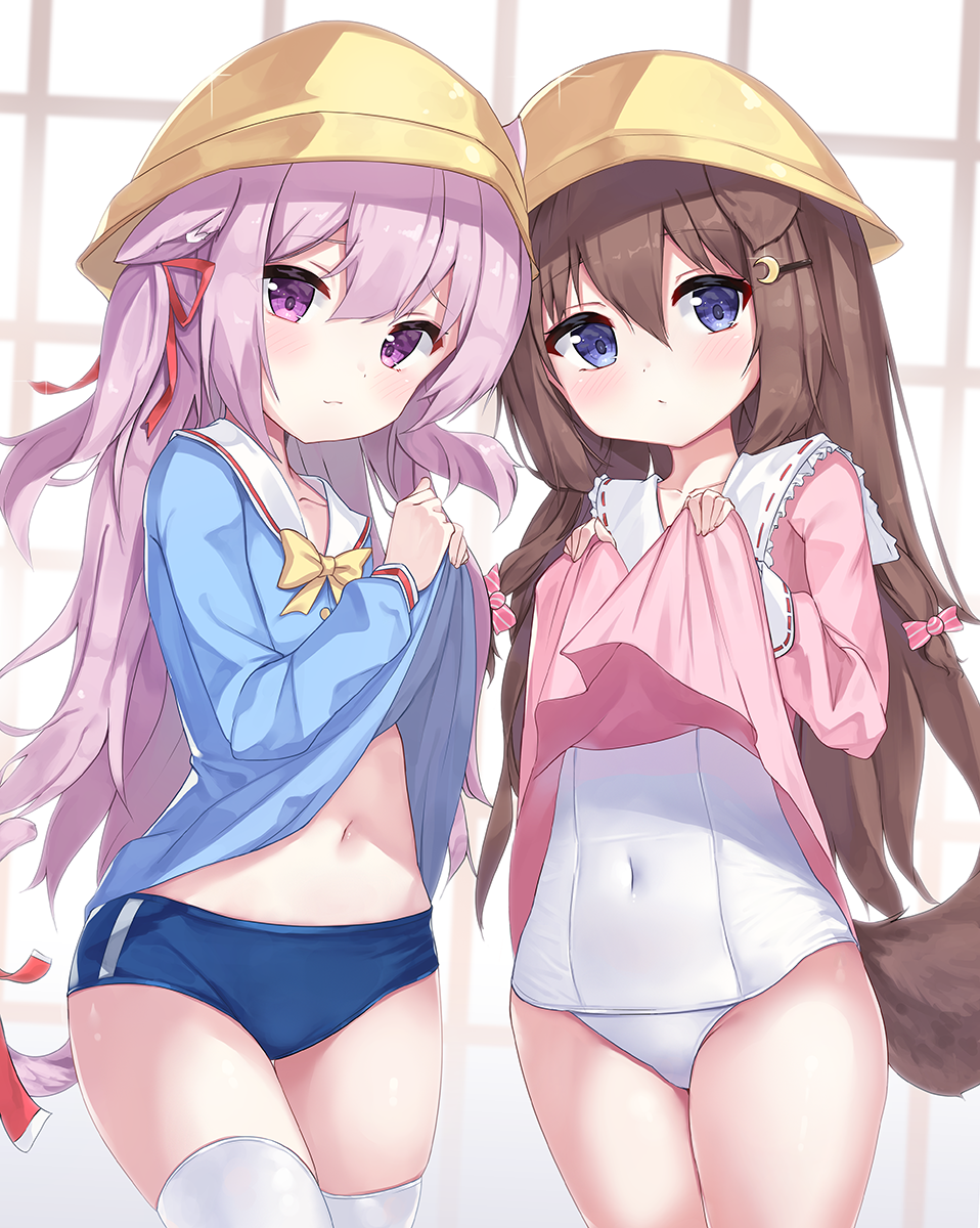 2drr 2girls animal_ear_fluff animal_ears azur_lane blue_buruma blue_eyes blue_shirt brown_hair buruma candy_hair_ornament cat_ears cat_tail commission commissioner_upload covered_navel crescent crescent_hair_ornament dog_ears dog_tail food_themed_hair_ornament fumizuki_(azur_lane) gym_uniform hair_ornament hairclip hat highres kisaragi_(azur_lane) lifted_by_self long_hair looking_at_viewer multiple_girls navel no_pants one-piece_swimsuit pink_eyes pink_hair pink_shirt pixiv_request ribbon school_hat school_swimsuit school_uniform serafuku shirt shirt_lift side_ponytail swimsuit swimsuit_under_clothes tail tail_ornament tail_ribbon thigh-highs thighs white_legwear white_swimsuit yellow_headwear