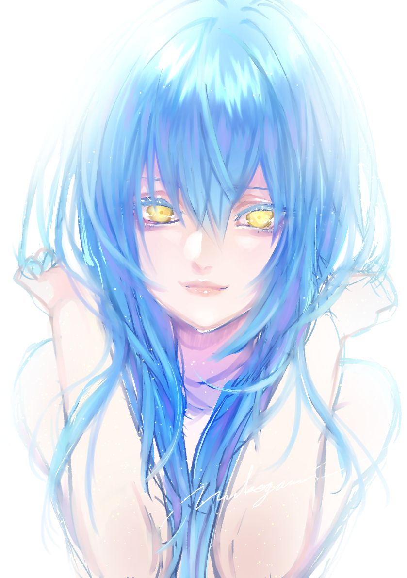 1girl bangs blue_hair closed_mouth completely_nude hair_between_eyes hands_in_hair long_hair looking_at_viewer nude nukogami_(minniecatlove21) rimuru_tempest shiny shiny_hair simple_background solo tensei_shitara_slime_datta_ken upper_body white_background yellow_eyes