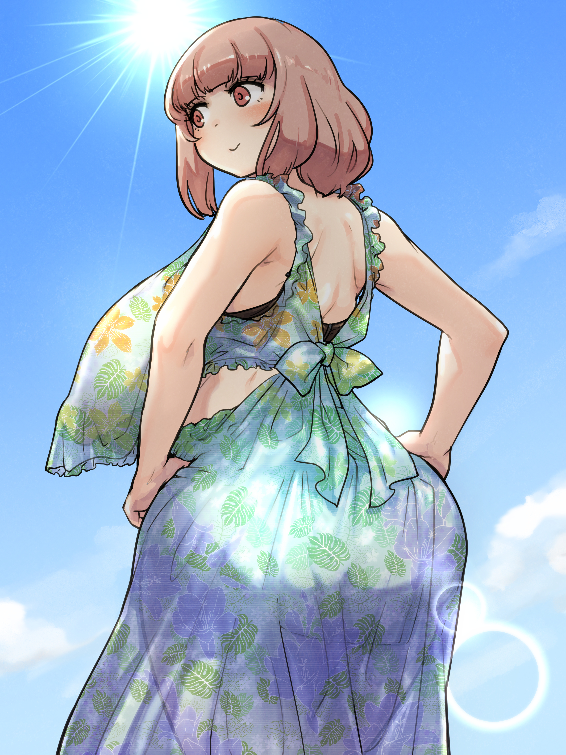 Safebooru - 1girl absurdres back bow bangs blunt bangs bow breasts brown  eyes brown hair clouds cloudy sky covered nipples danchizuma dot nose dress  floral print frills hands on hips highres huge