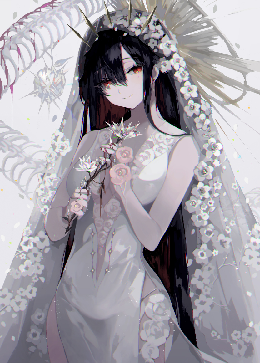 1girl bangs black_hair blood blood_on_fingers closed_mouth dress eyebrows_visible_through_hair flower hair_between_eyes hair_flower hair_ornament hair_over_one_eye holding holding_flower long_dress long_hair looking_at_viewer mole mole_under_eye original pla4neta red_eyes rose sidelocks simple_background sleeveless sleeveless_dress smile solo standing symbol_commentary upper_body very_long_hair white_background white_dress white_flower