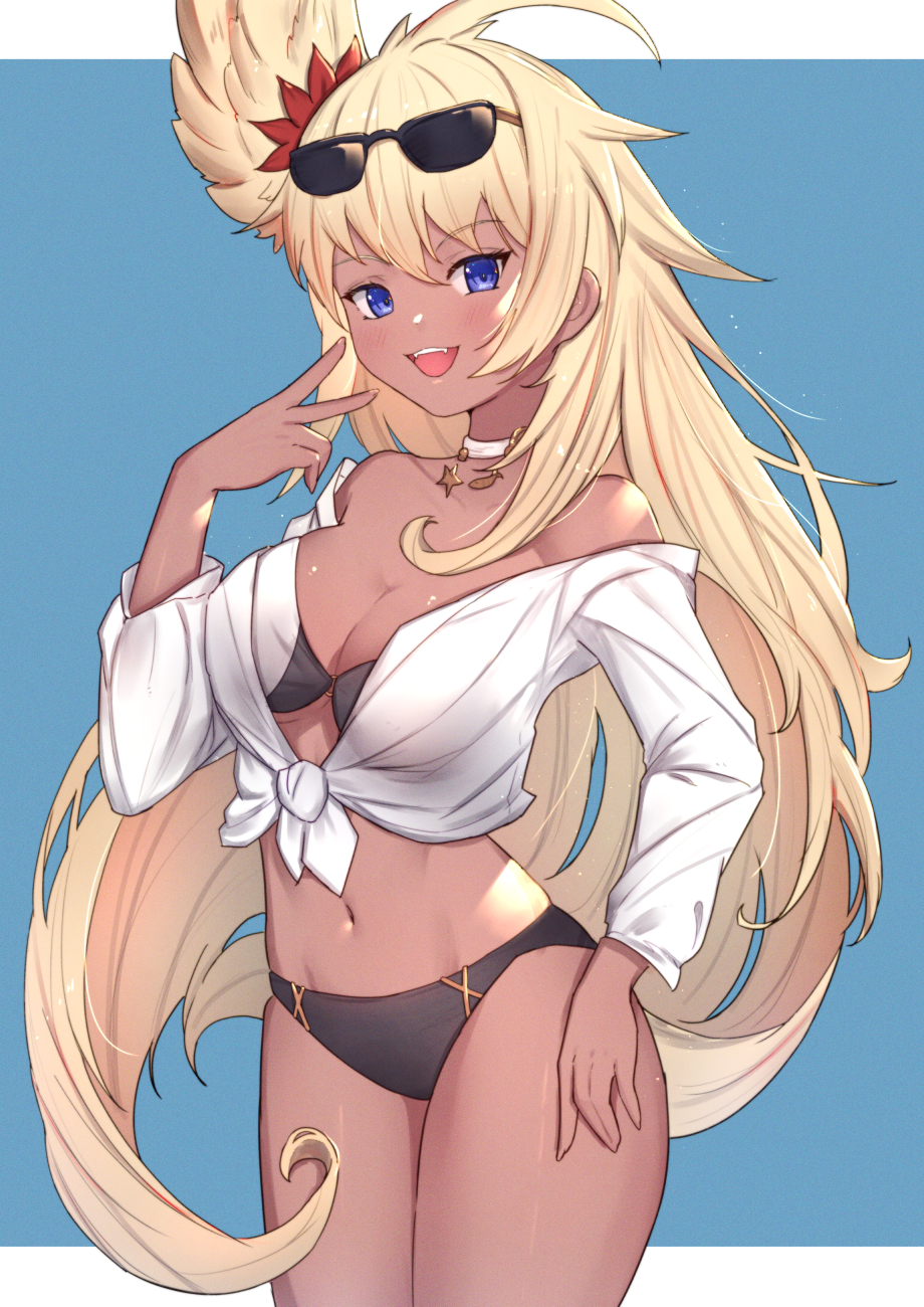 1girl :d bangs bikini blonde_hair blue_background blue_eyes blush breasts choker collarbone dark_skin dark-skinned_female eyewear_on_head fangs feathered_wings granblue_fantasy harut_(granblue_fantasy) head_wings highres large_breasts long_hair long_sleeves looking_at_viewer navel off_shoulder open_mouth shirt simple_background smile solo standing sunglasses swimsuit tied_shirt uneg upper_teeth v very_long_hair white_choker white_shirt wings