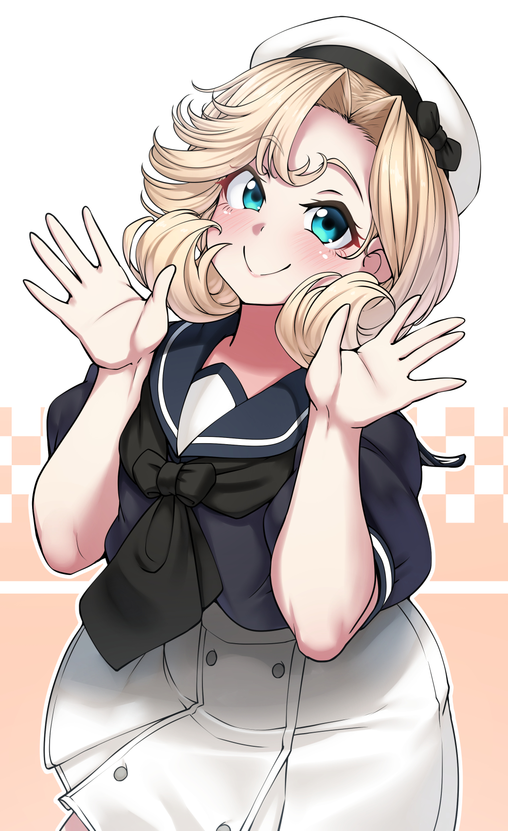 1girl bangs black_neckwear blonde_hair blue_eyes blue_sailor_collar cowboy_shot curly_hair dress hat highres janus_(kantai_collection) kantai_collection konoshige_(ryuun) medium_hair open_hands parted_bangs sailor_collar sailor_dress sailor_hat smile two-tone_background white_dress white_headwear