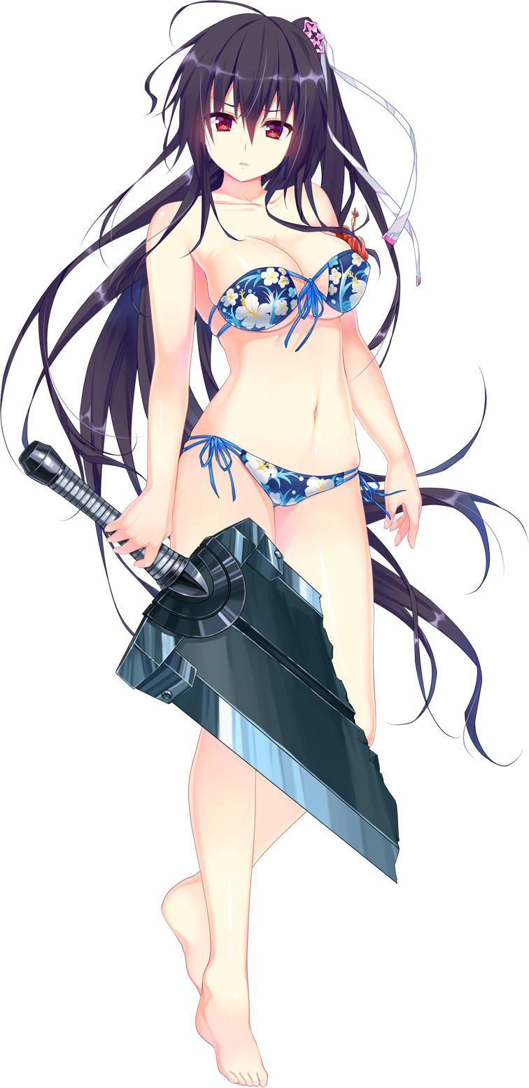 1girl artist_request bangs barefoot bikini black_hair breasts broken broken_sword broken_weapon copyright_request floral_print front-tie_top frown full_body hair_ornament hair_ribbon highres holding holding_sword holding_weapon large_breasts long_hair looking_at_viewer red_eyes ribbon side-tie_bikini solo strapless strapless_bikini swimsuit sword transparent_background weapon