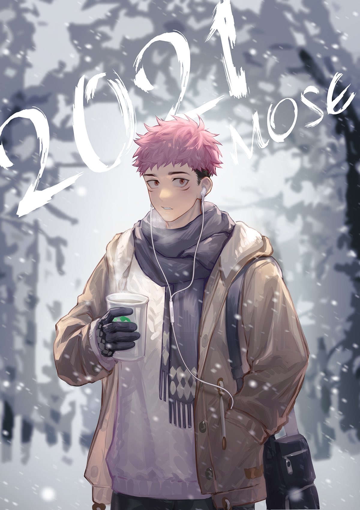 1boy 2021 alternate_costume beige_jacket black_hair black_scarf breath brown_eyes cup disposable_cup facial_mark happy_new_year highres hood hooded_jacket itadori_yuuji jacket jujutsu_kaisen looking_at_viewer male_focus mo_si_(z1216150815) new_year pink_hair scarf short_hair snowing solo spiky_hair sweater undercut upper_body white_sweater winter_clothes