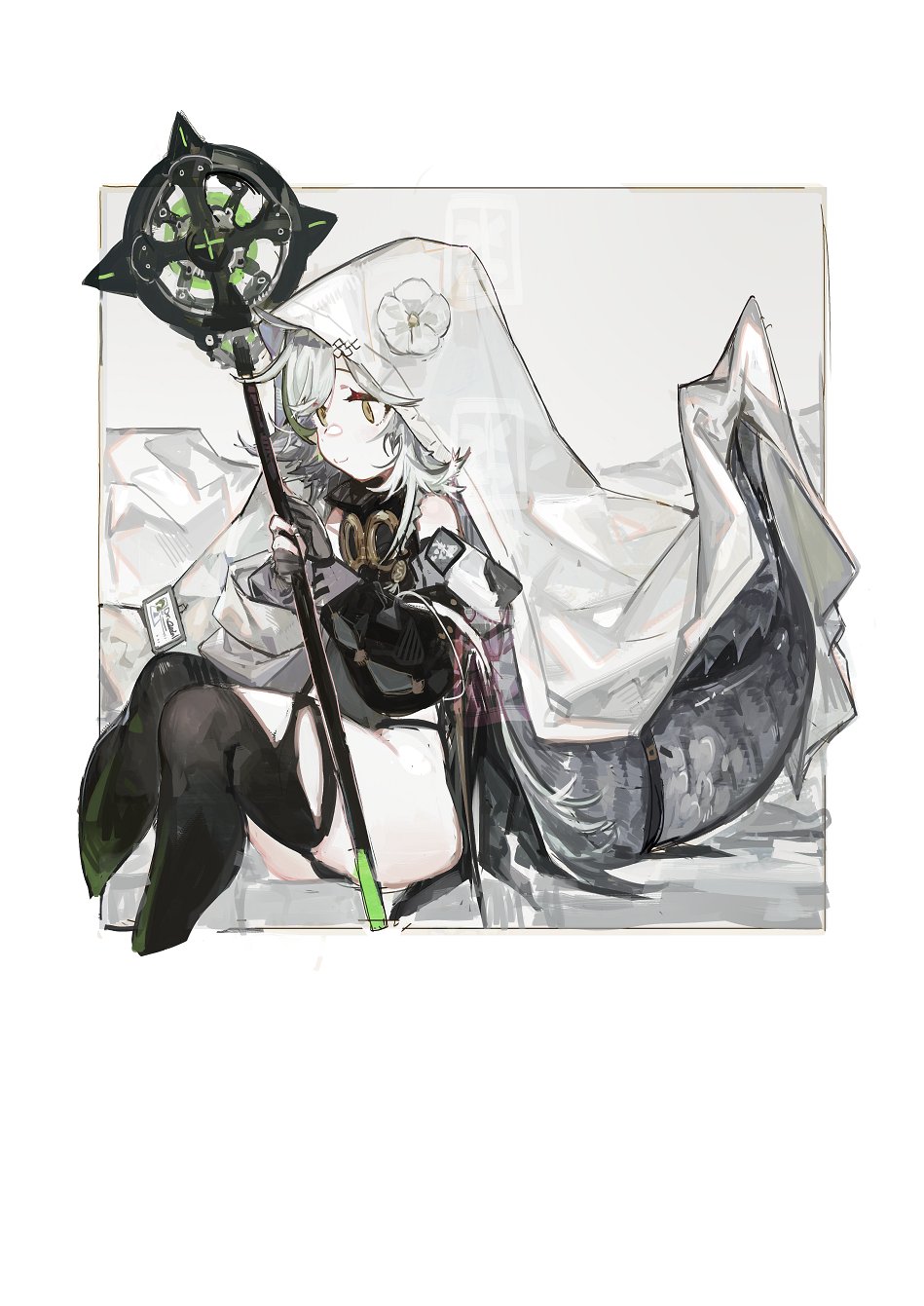 1girl arknights badge bangs bare_shoulders black_legwear blanket closed_mouth collar commentary crocodilian_tail detached_sleeves flower framed from_side gloves green_hair grey_eyes grey_gloves hair_between_eyes highres holding holding_staff hood hood_up large_tail long_hair long_sleeves looking_away multicolored_hair pipidan silver_hair simple_background sitting smile solo staff streaked_hair tail thigh-highs thighs tomimi_(arknights) torn_clothes torn_legwear white_background white_flower