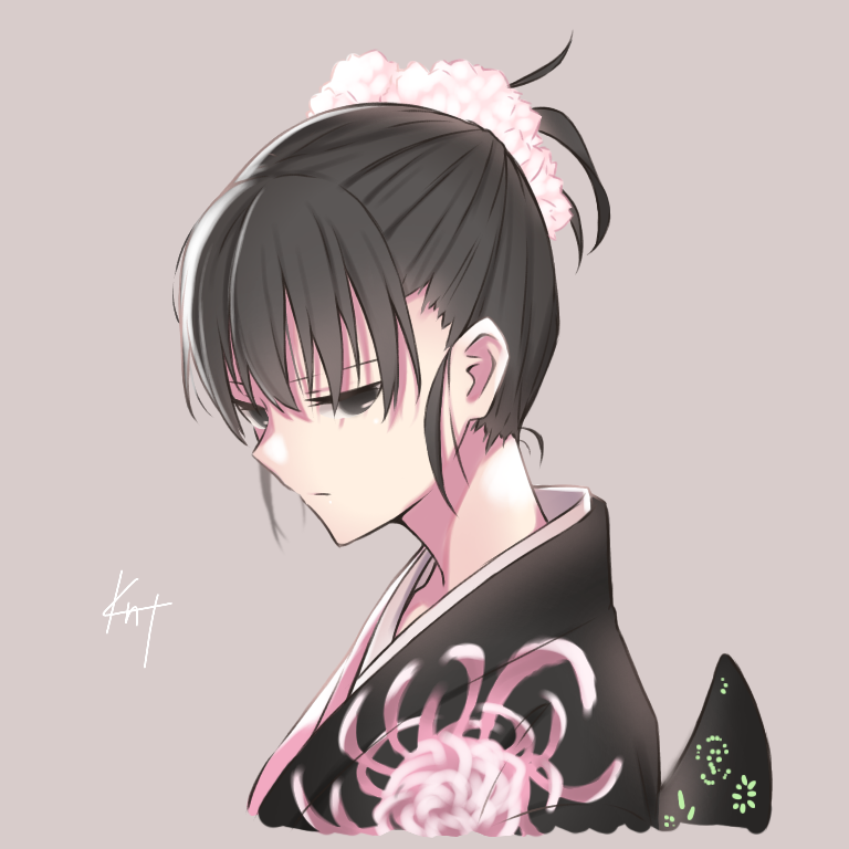 1girl black_eyes black_hair brown_hair expressionless fate/grand_order fate_(series) hair_bun hair_up japanese_clothes jitome kara_no_kyoukai kimono knt_(pixiv52732968) obi ryougi_shiki sash short_hair short_ponytail solo upper_body