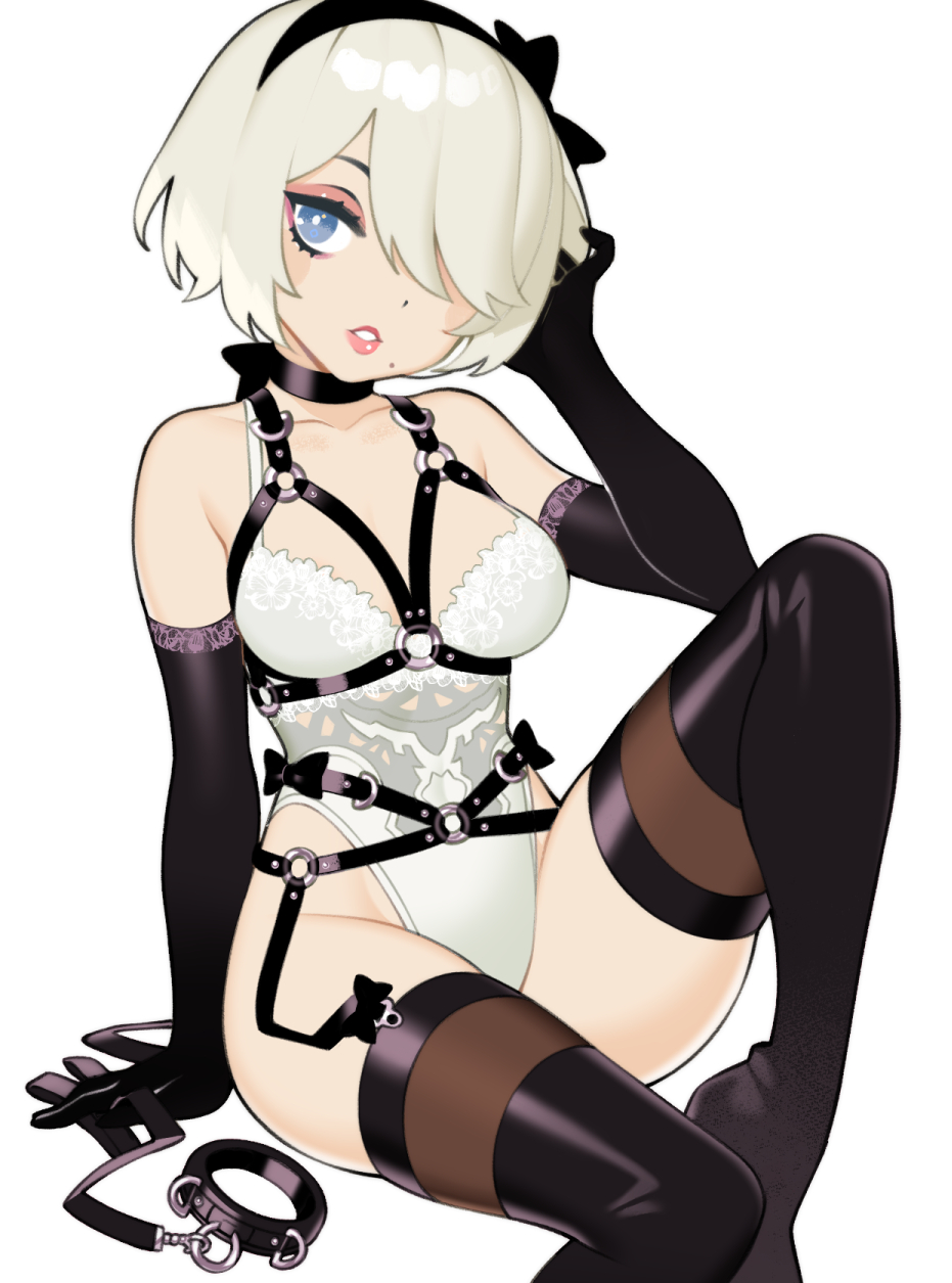 1girl arm_support bare_shoulders black_bow black_choker black_gloves blue_eyes bondage_outfit bow breasts bright_pupils chest_harness choker collar_removed commentary commission english_commentary gloves grey_hair hair_bow hair_over_one_eye hairband halphelt hand_up harness head_tilt highleg highleg_leotard highres knee_up leash leotard looking_at_viewer medium_breasts medium_hair nier_(series) nier_automata one_eye_covered parted_lips simple_background sitting solo thigh-highs white_background white_leotard yorha_no._2_type_b