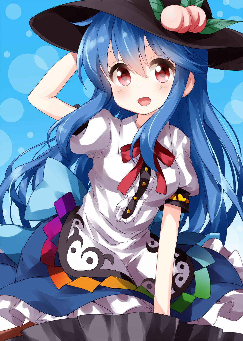 1girl bangs black_headwear blouse blue_background blue_hair blue_skirt center_frills eyebrows_visible_through_hair food frilled_skirt frills fruit gradient gradient_background hair_between_eyes hand_on_headwear hat highres hinanawi_tenshi keystone leaf long_hair looking_at_viewer neck_ribbon open_mouth peach puffy_short_sleeves puffy_sleeves rainbow_order red_eyes red_neckwear red_ribbon ribbon ruu_(tksymkw) short_sleeves skirt smile solo touhou white_blouse