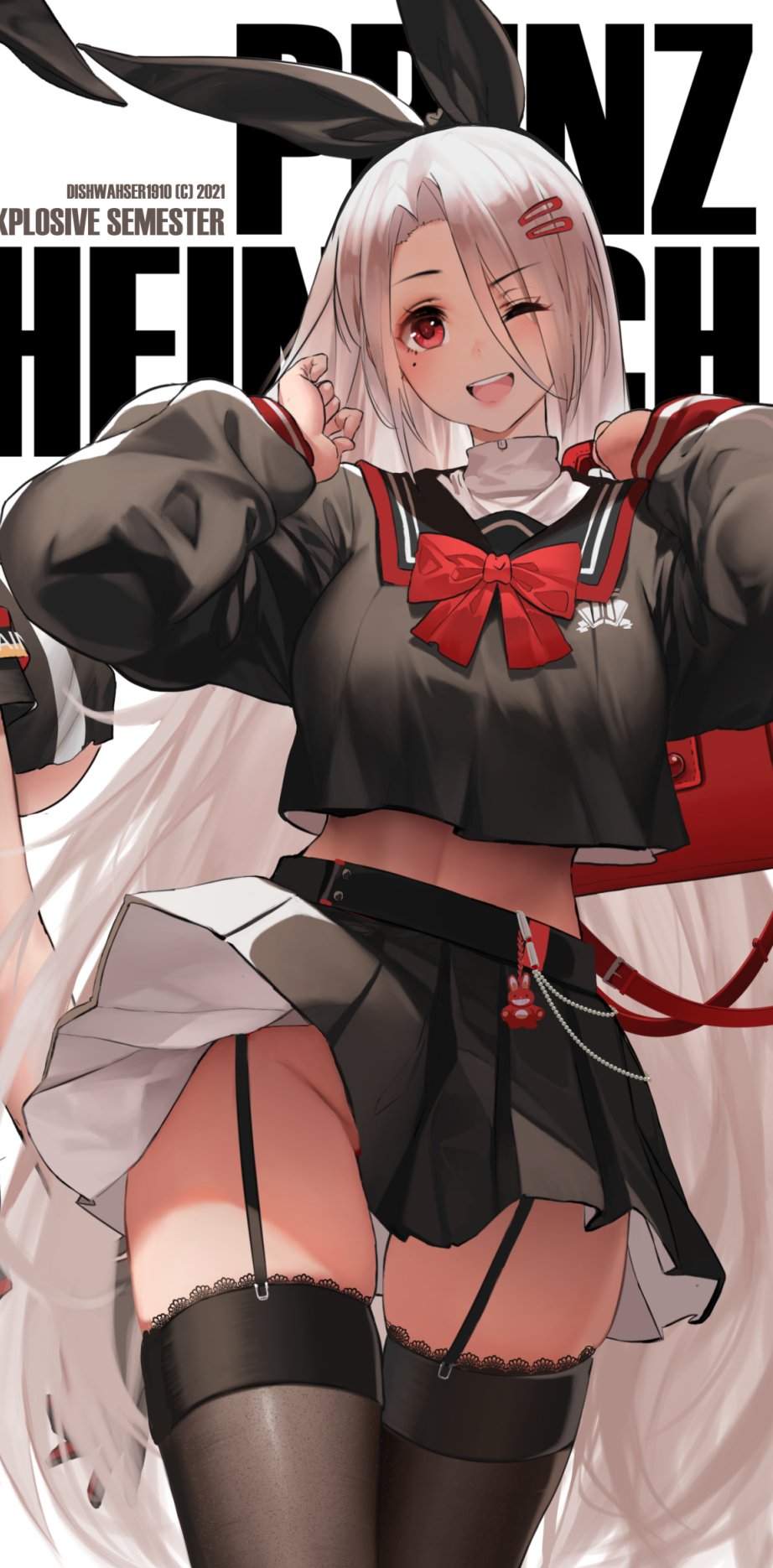 1girl azur_lane black_clothes blush bow breasts dishwasher1910 garter_straps hair_bow hair_ornament hairclip highres long_hair looking_at_viewer midriff mole mole_under_eye no_panties one_eye_closed prinz_heinrich_(azur_lane) red_bag red_bow red_eyes school_uniform skirt solo thigh-highs under_boob white_hair