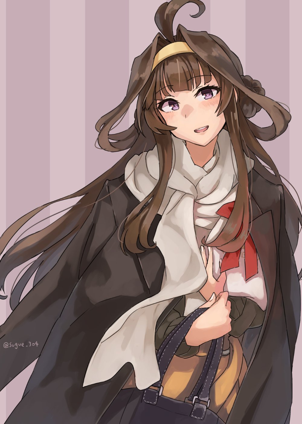 1girl ahoge alternate_costume bag bangs blush brown_hair brown_jacket double_bun eyebrows_visible_through_hair hairband highres holding holding_bag jacket kantai_collection kongou_(kantai_collection) long_hair long_sleeves open_mouth purple_background scarf sidelocks simple_background solo striped striped_background sugue_tettou twitter_username violet_eyes white_scarf