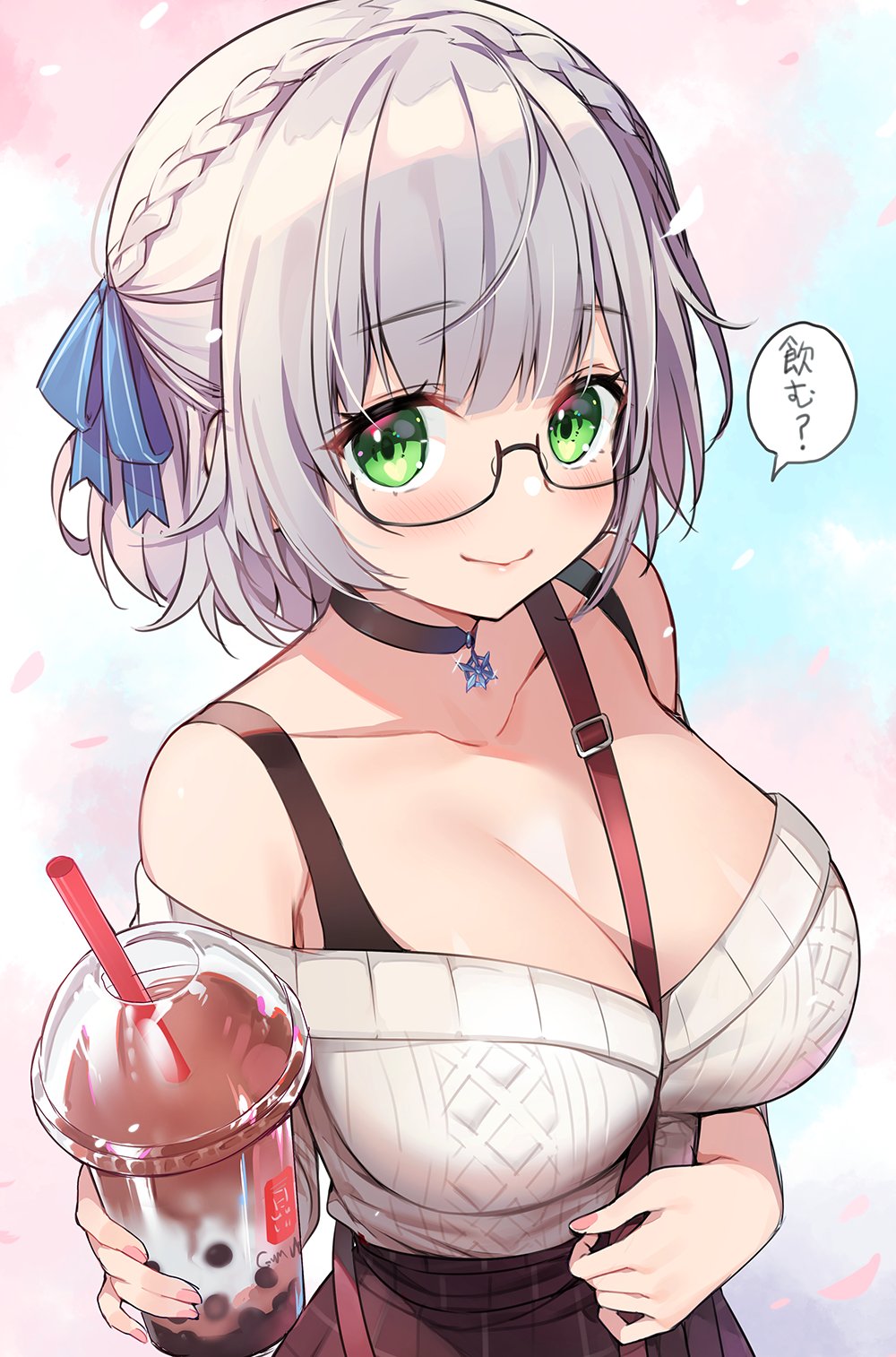 1girl ayamy bangs black-framed_eyewear black_choker blue_ribbon blunt_bangs breasts bubble_tea casual choker closed_mouth collarbone cup drinking_straw eyebrows_visible_through_hair glasses green_eyes hair_ribbon highres holding holding_cup hololive large_breasts looking_at_viewer ribbon semi-rimless_eyewear shirogane_noel short_hair silver_hair solo speech_bubble sweater translation_request under-rim_eyewear upper_body virtual_youtuber white_sweater