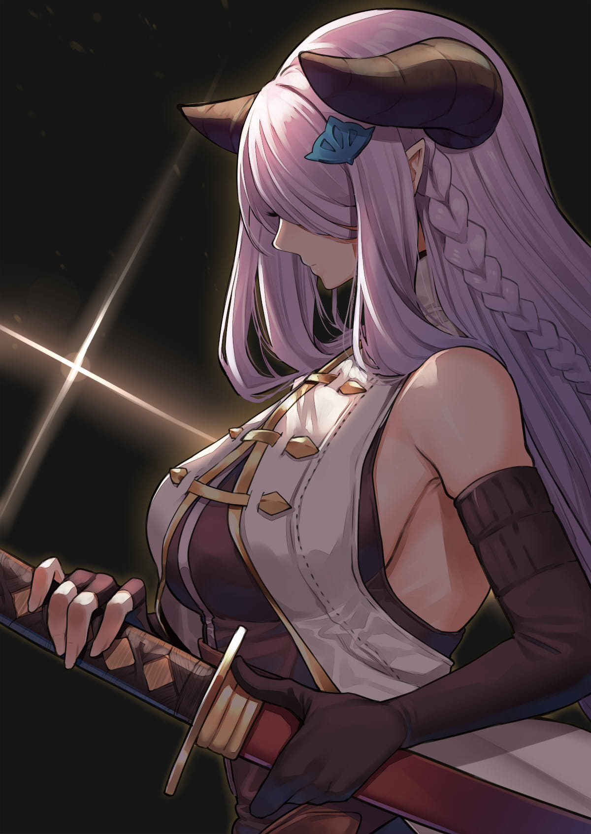 1girl asymmetrical_gloves black_gloves braid breasts draph elbow_gloves fingerless_gloves gloves granblue_fantasy hair_ornament hair_over_one_eye highres horns katana large_breasts long_hair mikan_(chipstar182) narmaya_(granblue_fantasy) pointy_ears profile purple_hair single_braid solo sword weapon